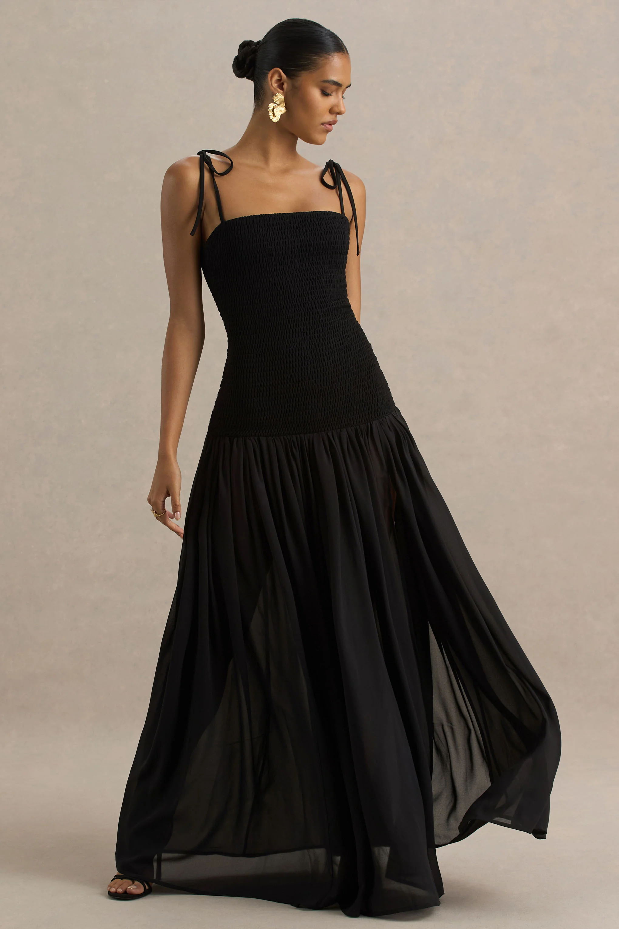 Maeva | Black Square-Neck Fishtail Maxi Dress With Ruched Detailing - Image 5