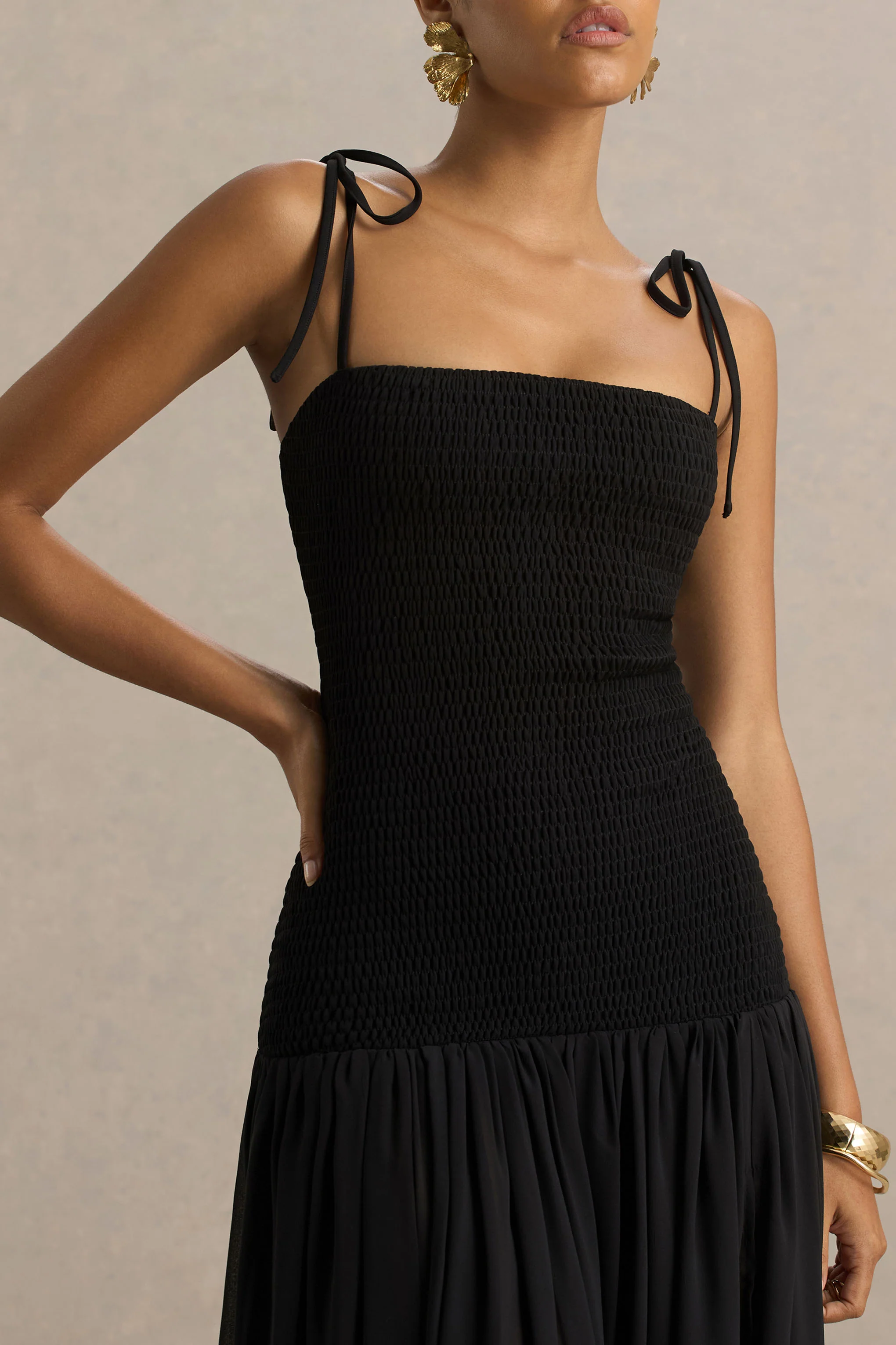 Maeva | Black Square-Neck Fishtail Maxi Dress With Ruched Detailing - Image 6