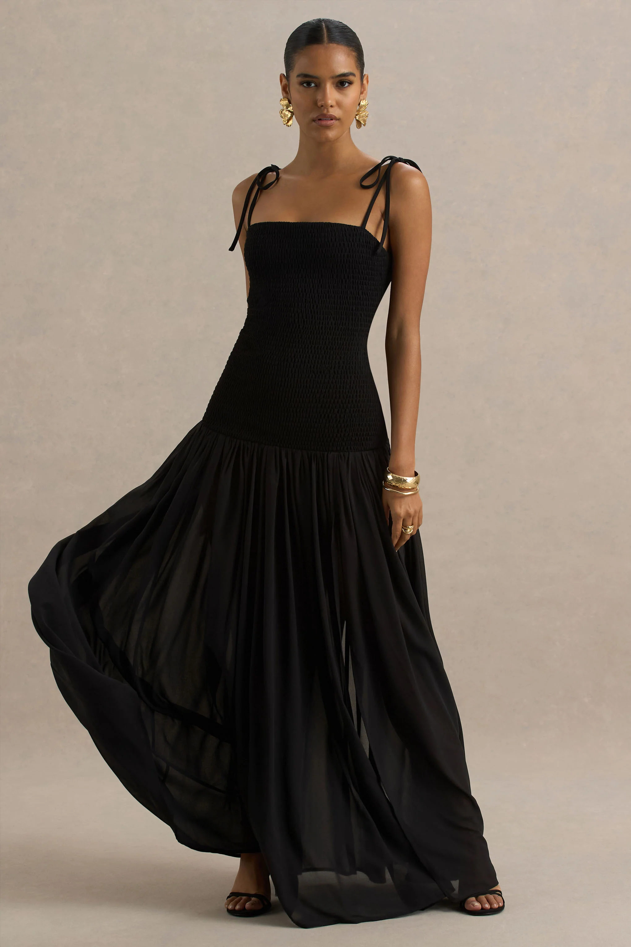 Maeva | Black Square-Neck Fishtail Maxi Dress With Ruched Detailing - Image 7