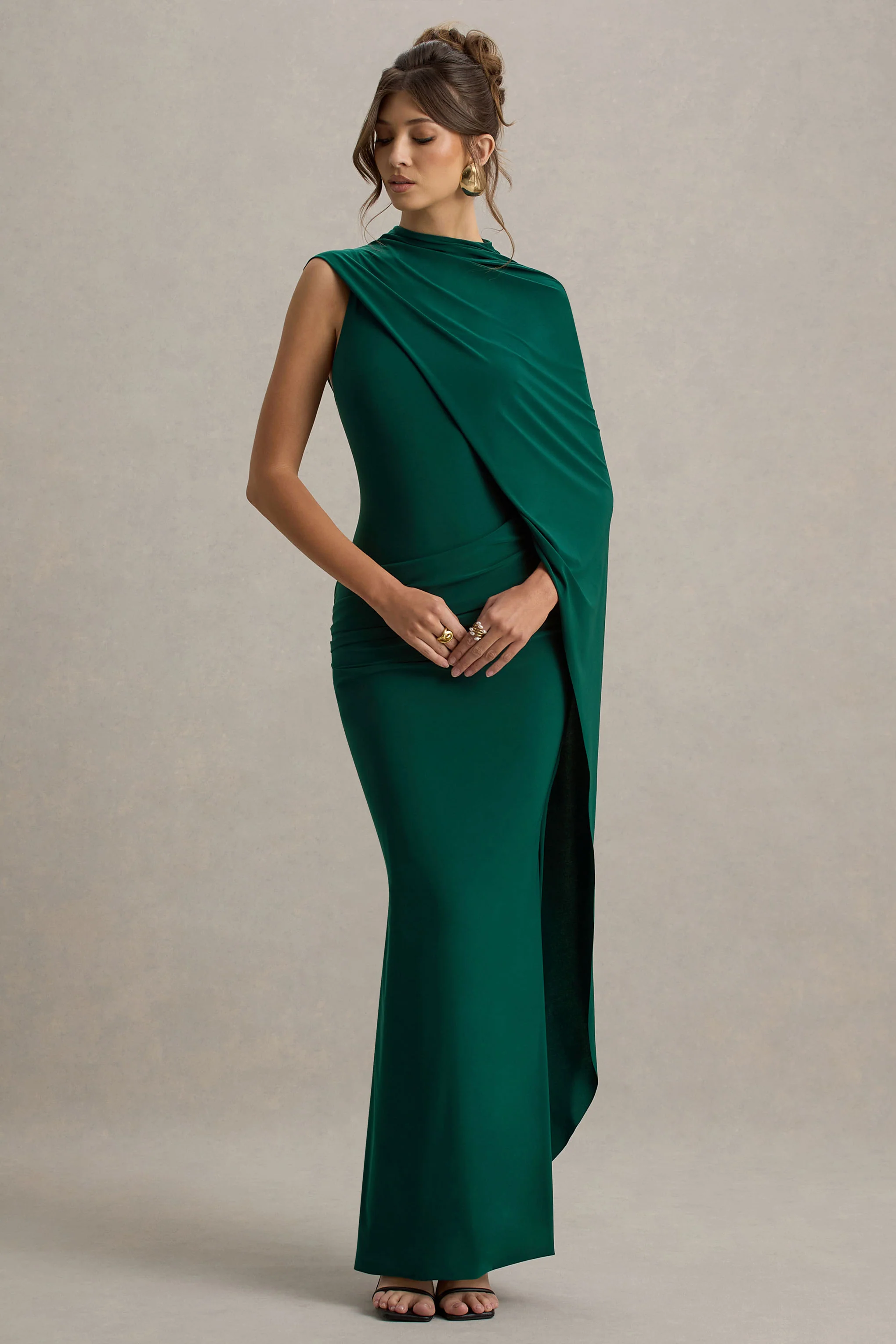 Maeve | Bottle Green Cape-Sleeve Draped Maxi Dress - Image 4