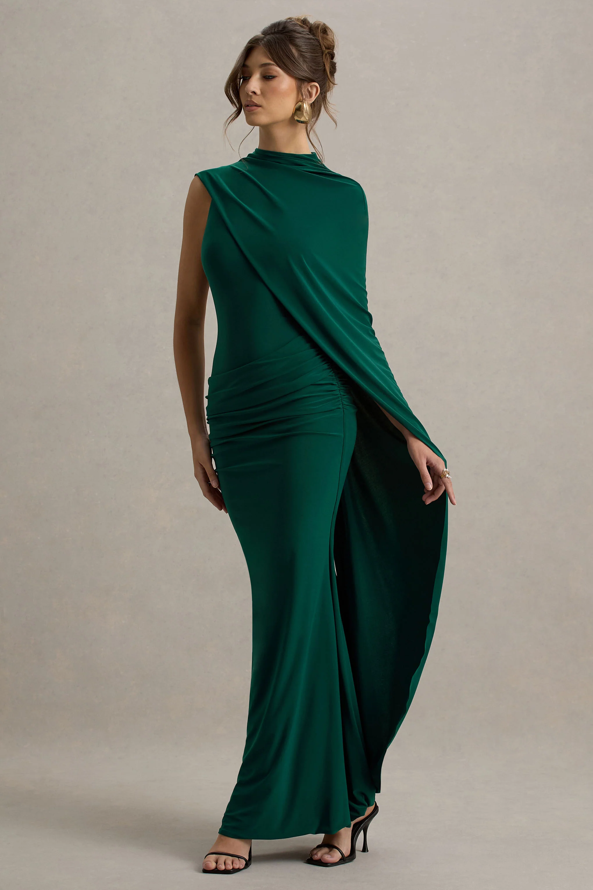 Maeve | Bottle Green Cape-Sleeve Draped Maxi Dress - Image 5