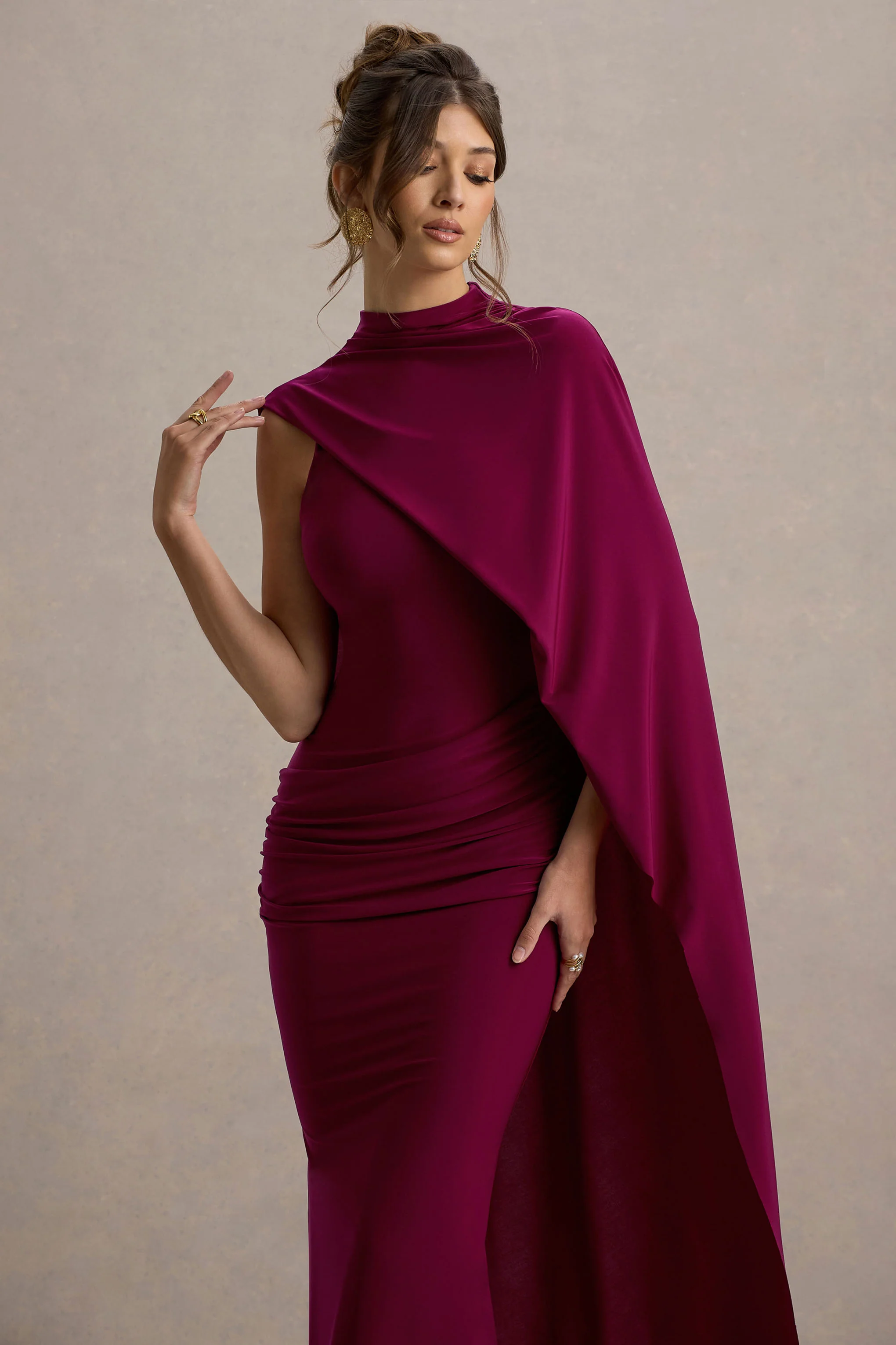 Maeve | Burgundy Cape-Sleeve Draped Maxi Dress - Image 3