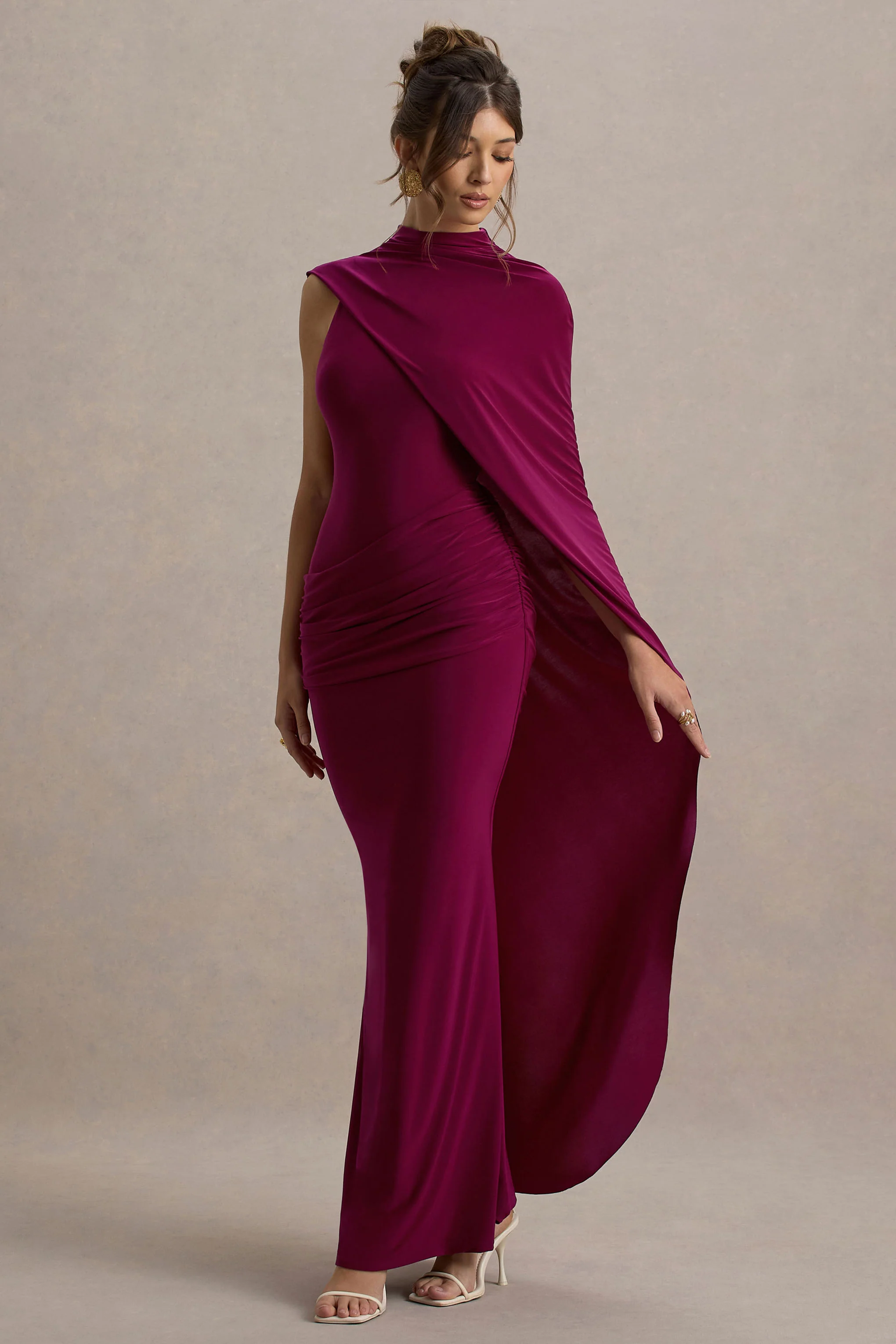 Maeve | Burgundy Cape-Sleeve Draped Maxi Dress - Image 4