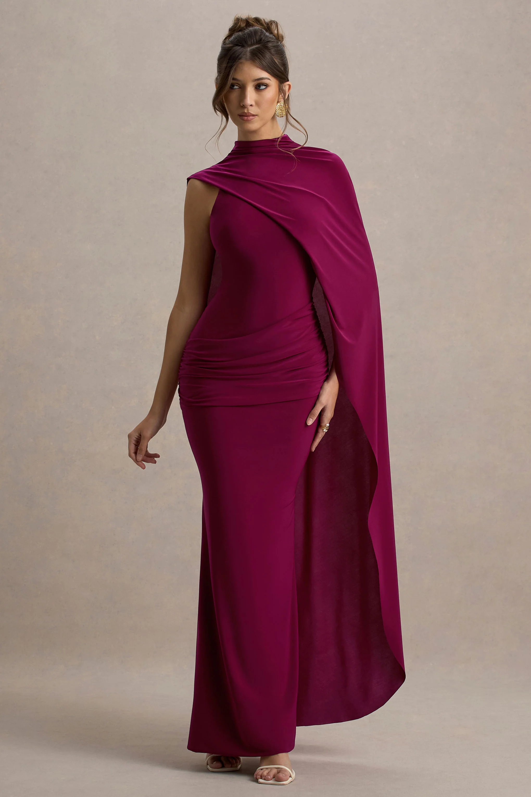 Maeve | Burgundy Cape-Sleeve Draped Maxi Dress - Image 5