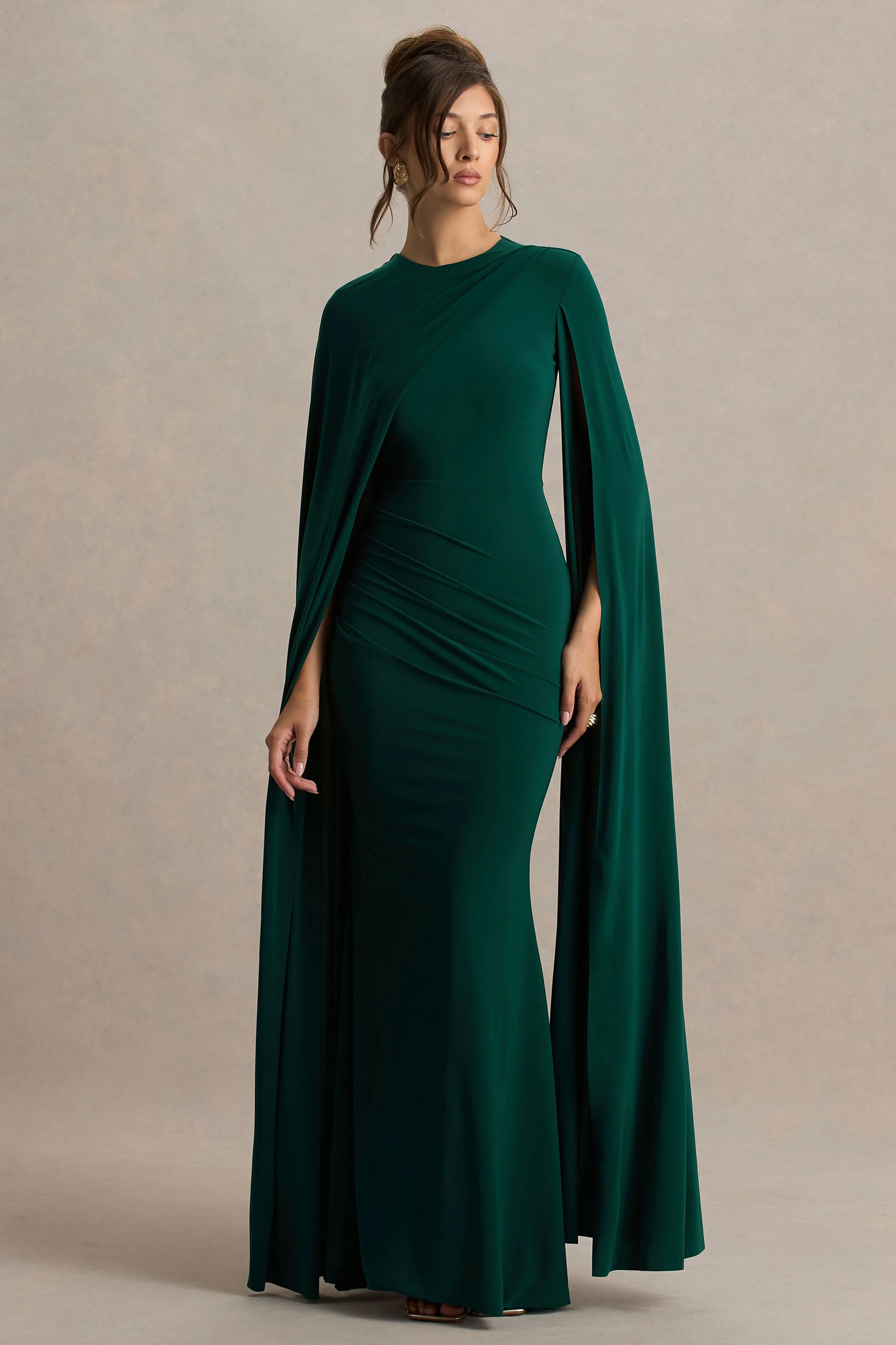 Magdelena | Bottle Green Asymmetric Cape Maxi Dress - Image 5