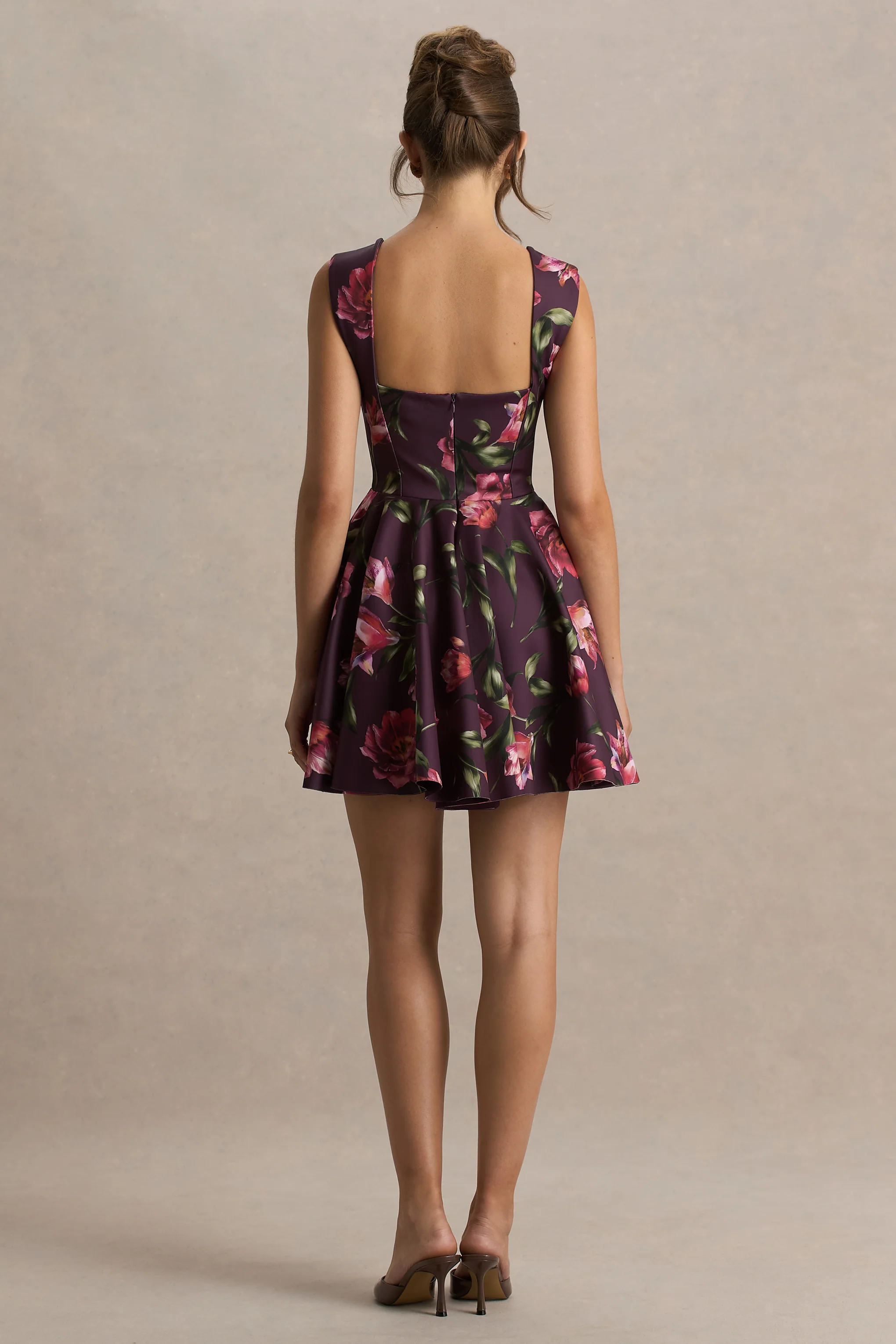 Magic | Burgundy Floral Print Sweetheart-Neck Mini Dress. - Image 2