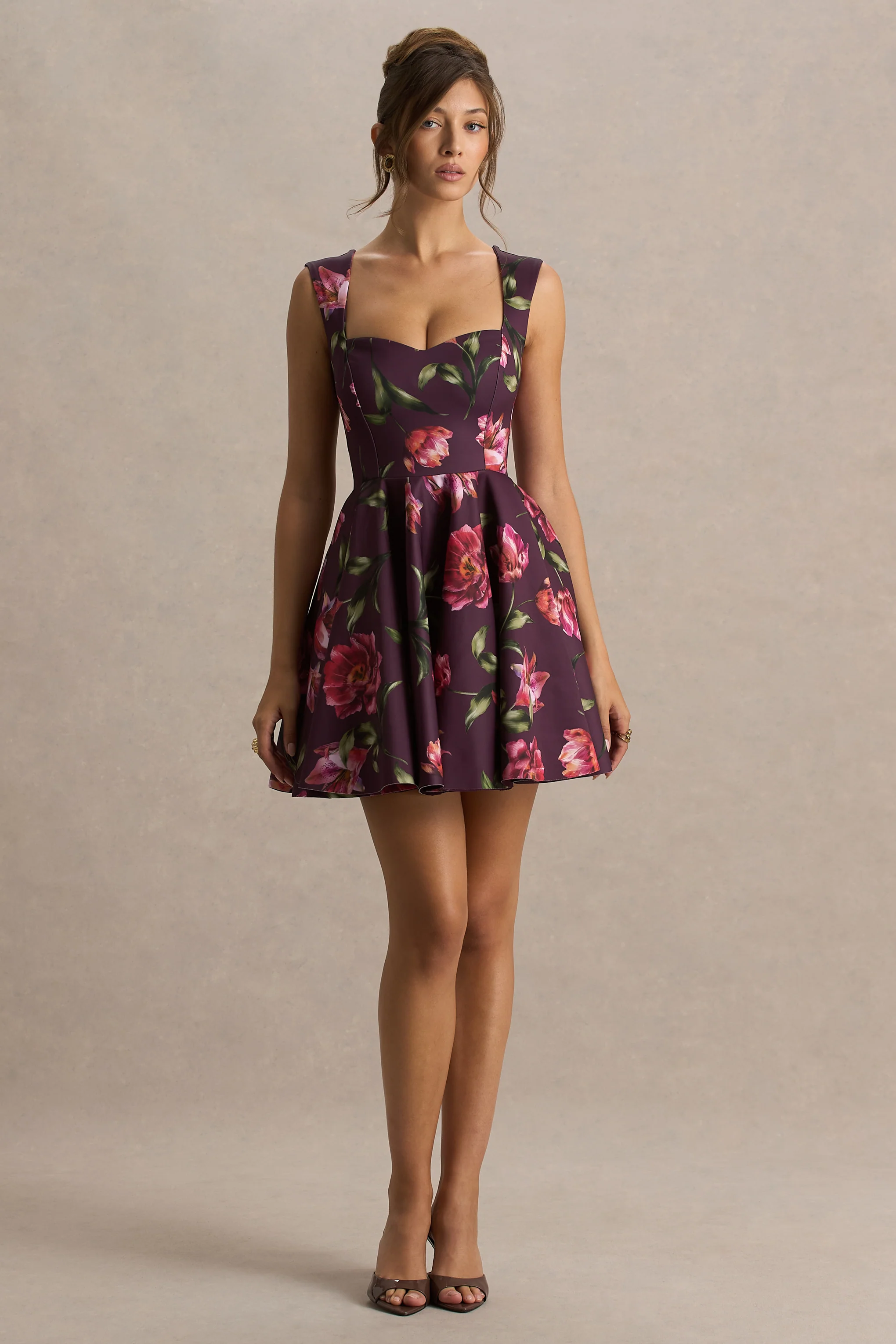 Magic | Burgundy Floral Print Sweetheart-Neck Mini Dress. - Image 4