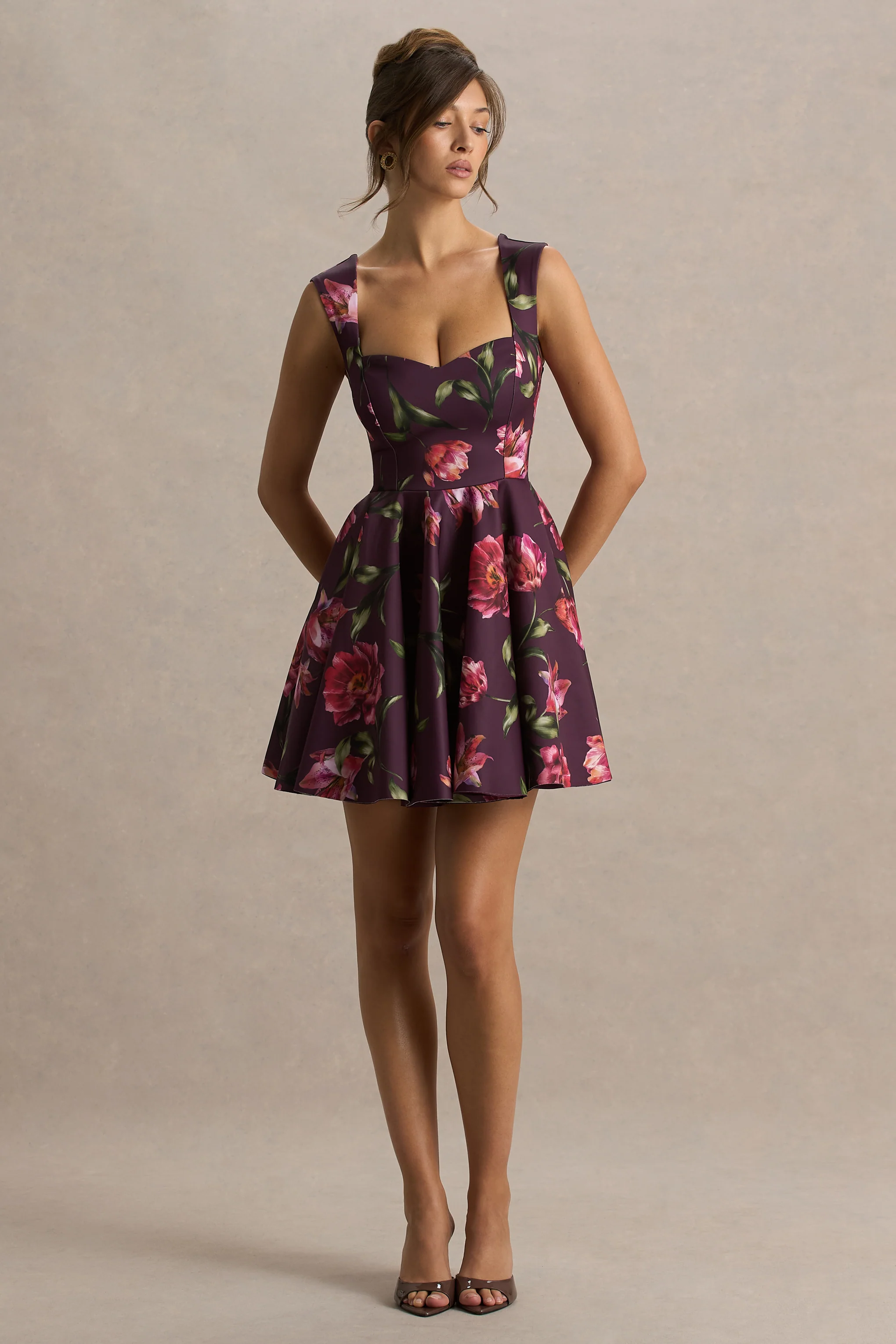 Magic | Burgundy Floral Print Sweetheart-Neck Mini Dress. - Image 5