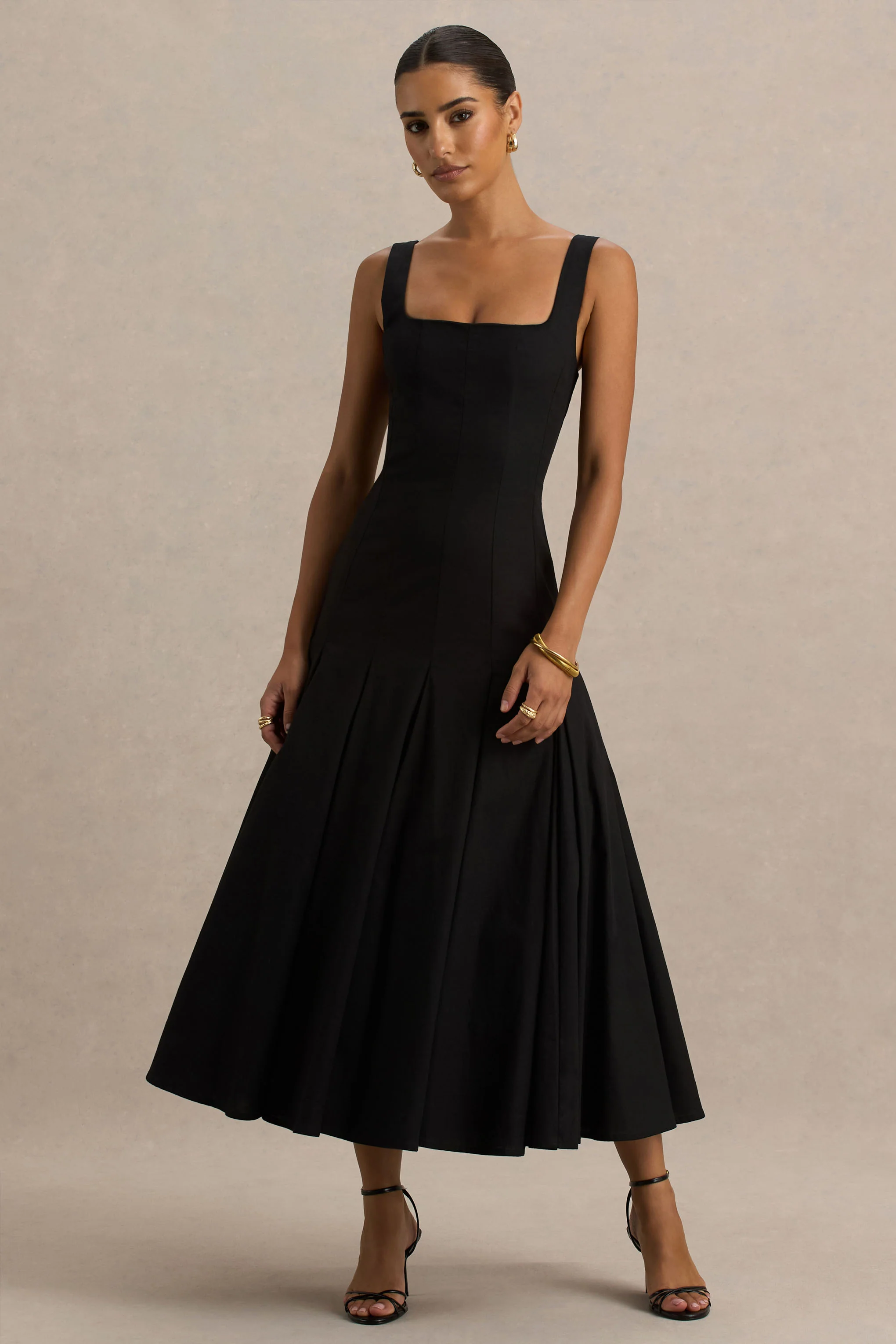Magnolia | Black Scoop-Neck Midi Dress With Drop-Waist And Ruffling Detail - Image 5
