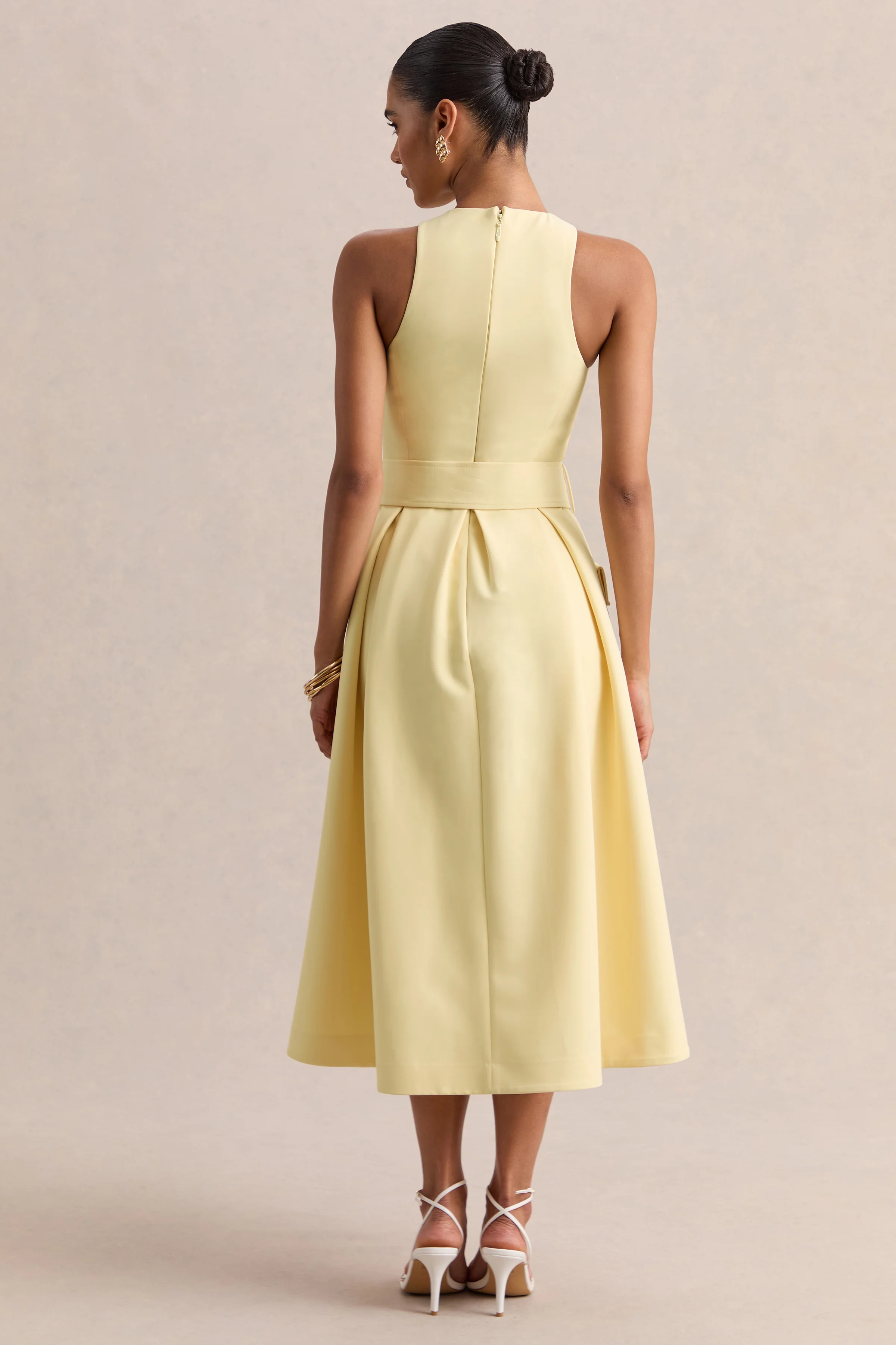 Magnora | Lemon Crew-Neck Belted Midi Dress - Image 2