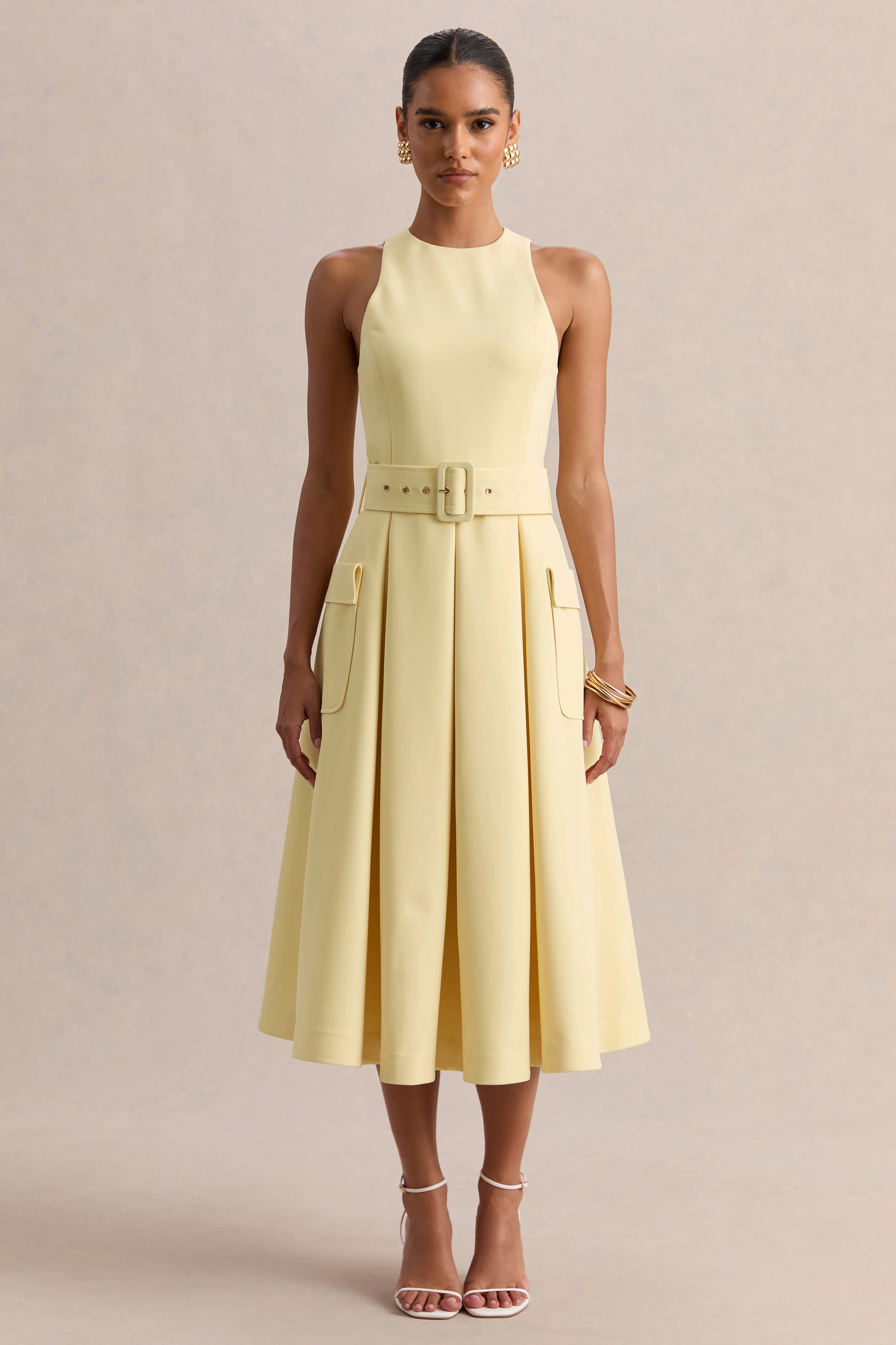 Magnora | Lemon Crew-Neck Belted Midi Dress - Image 5