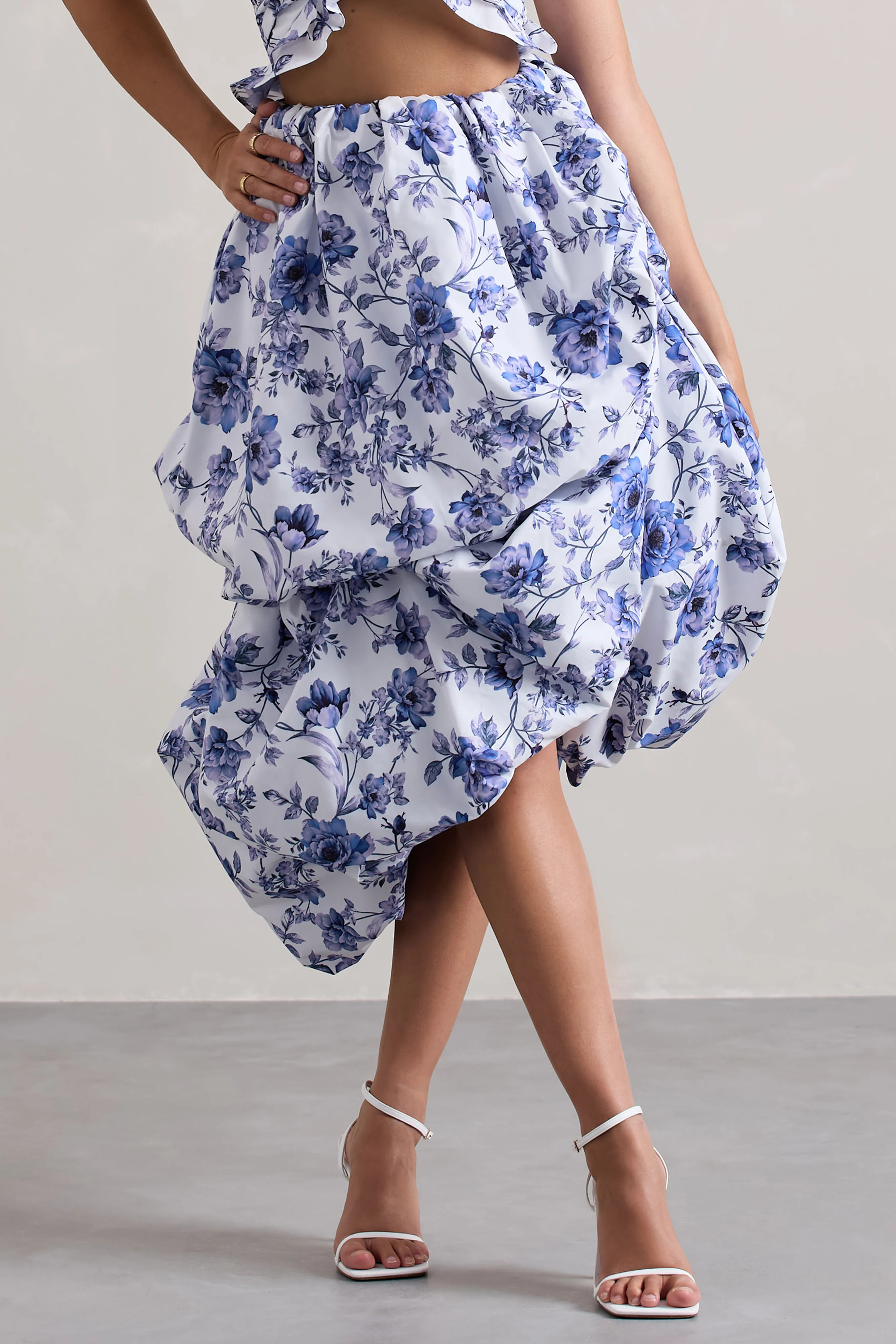 Make Waves | Floral Print Volume High-Low Midi Skirt - Image 3