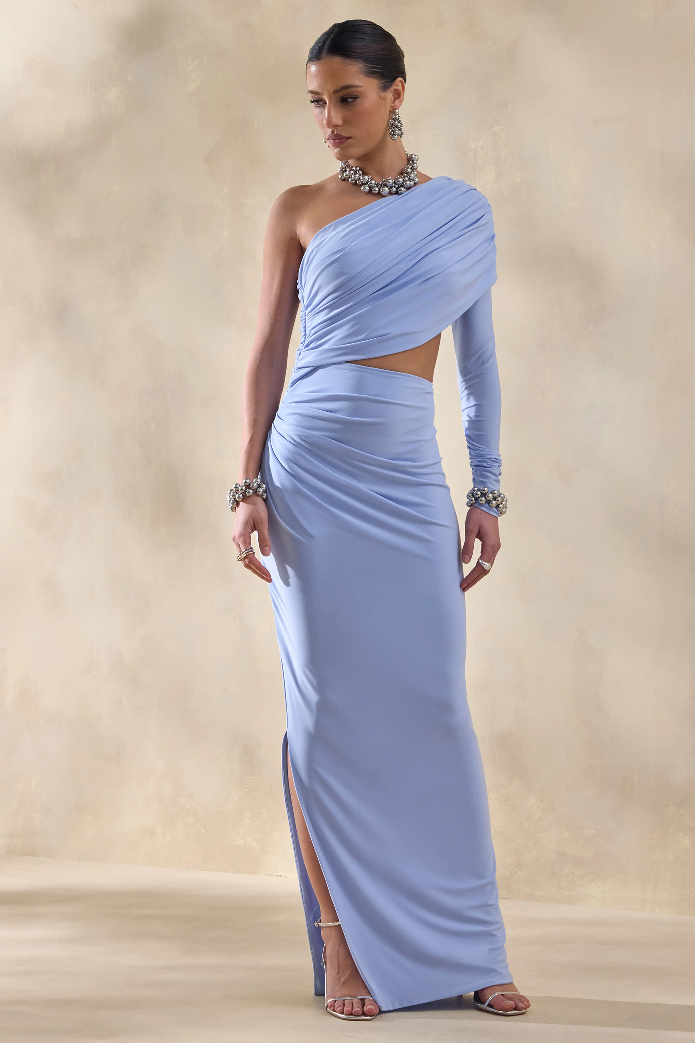 Malika | Powder Blue Asymmetric-Neck Maxi Dress With Body-Cut Out And Gathered Detailing - Image 5