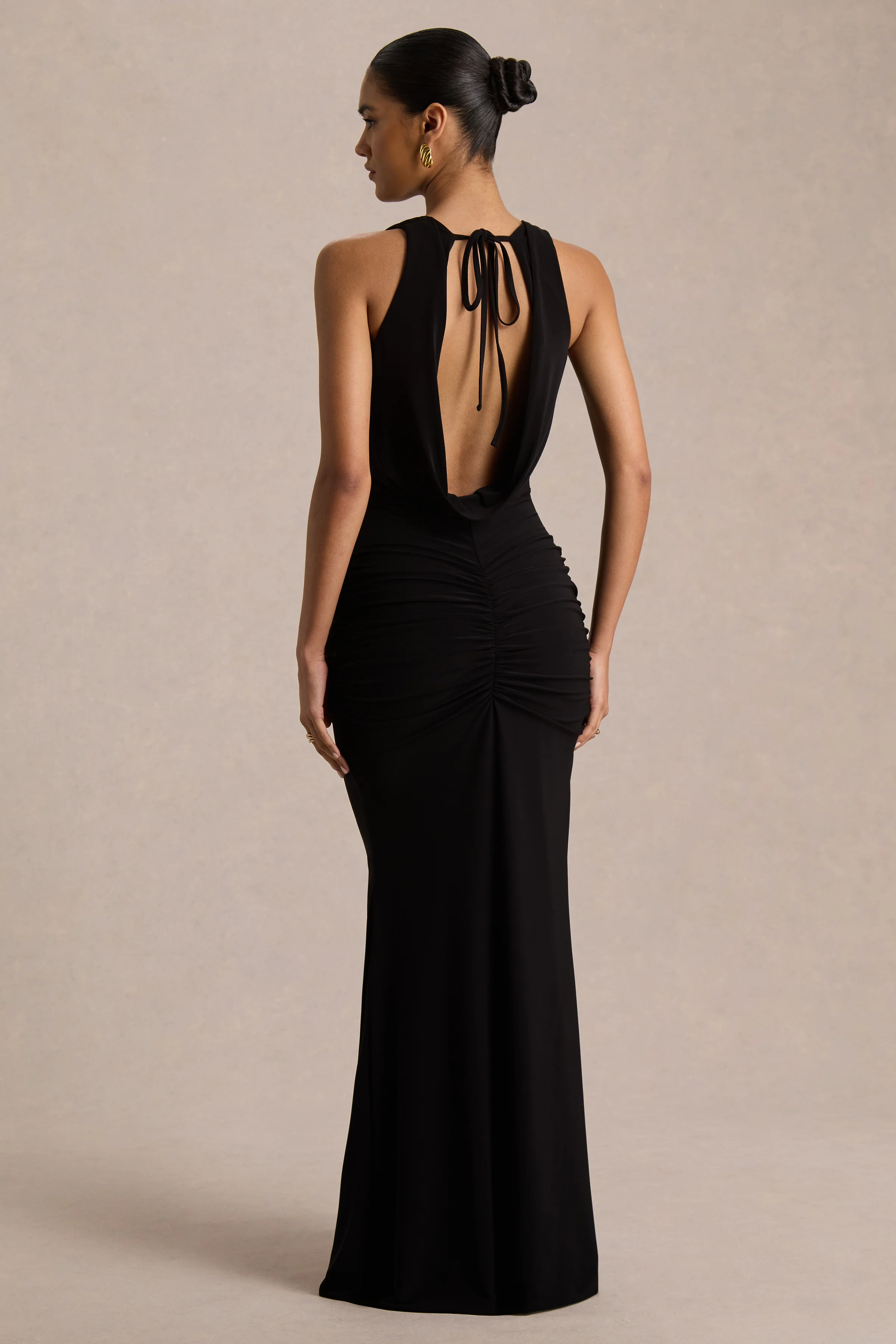 Mallie | Black Cowl-Neck Maxi Dress With Gathered-Detailing - Image 2
