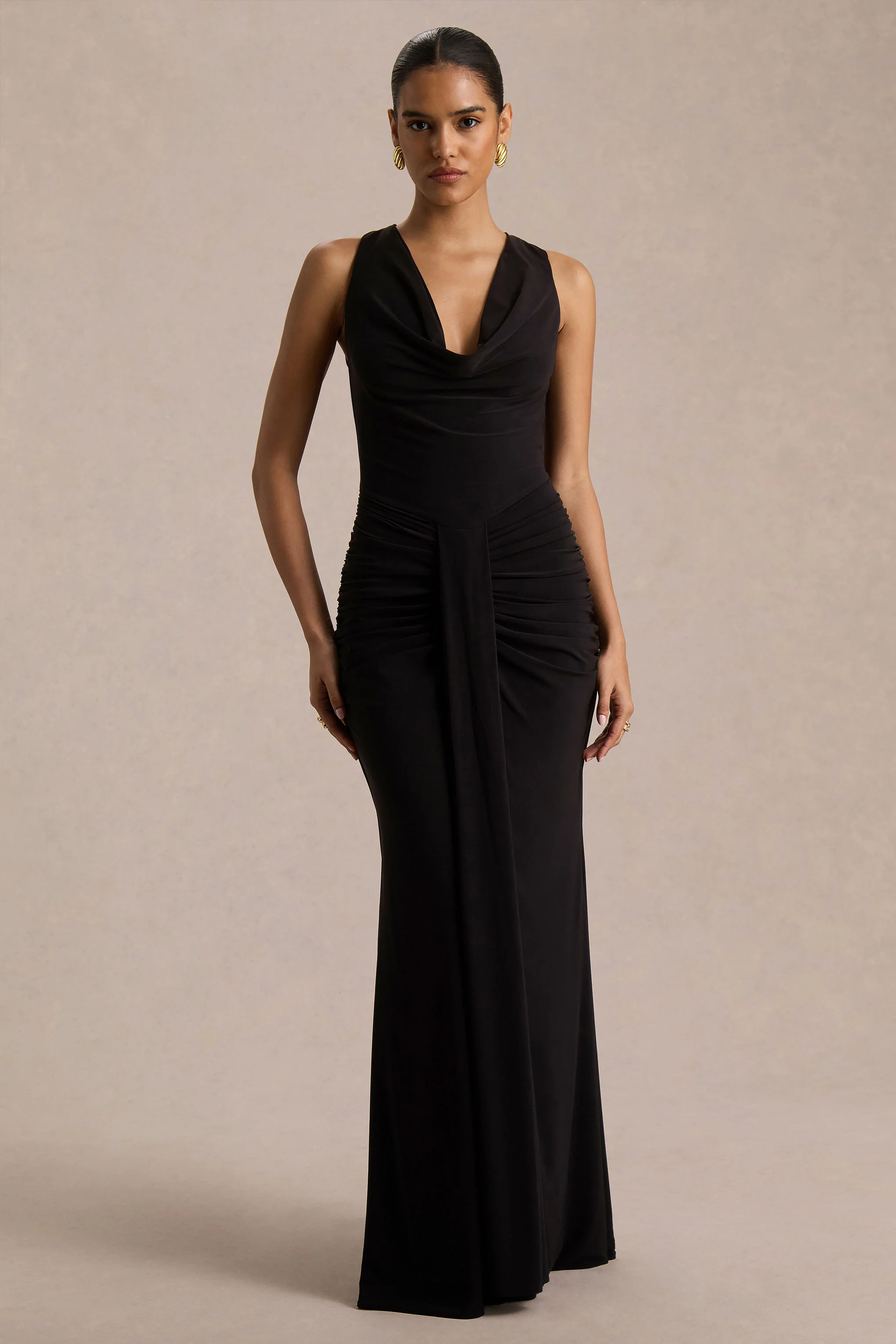 Mallie | Black Cowl-Neck Maxi Dress With Gathered-Detailing - Image 3