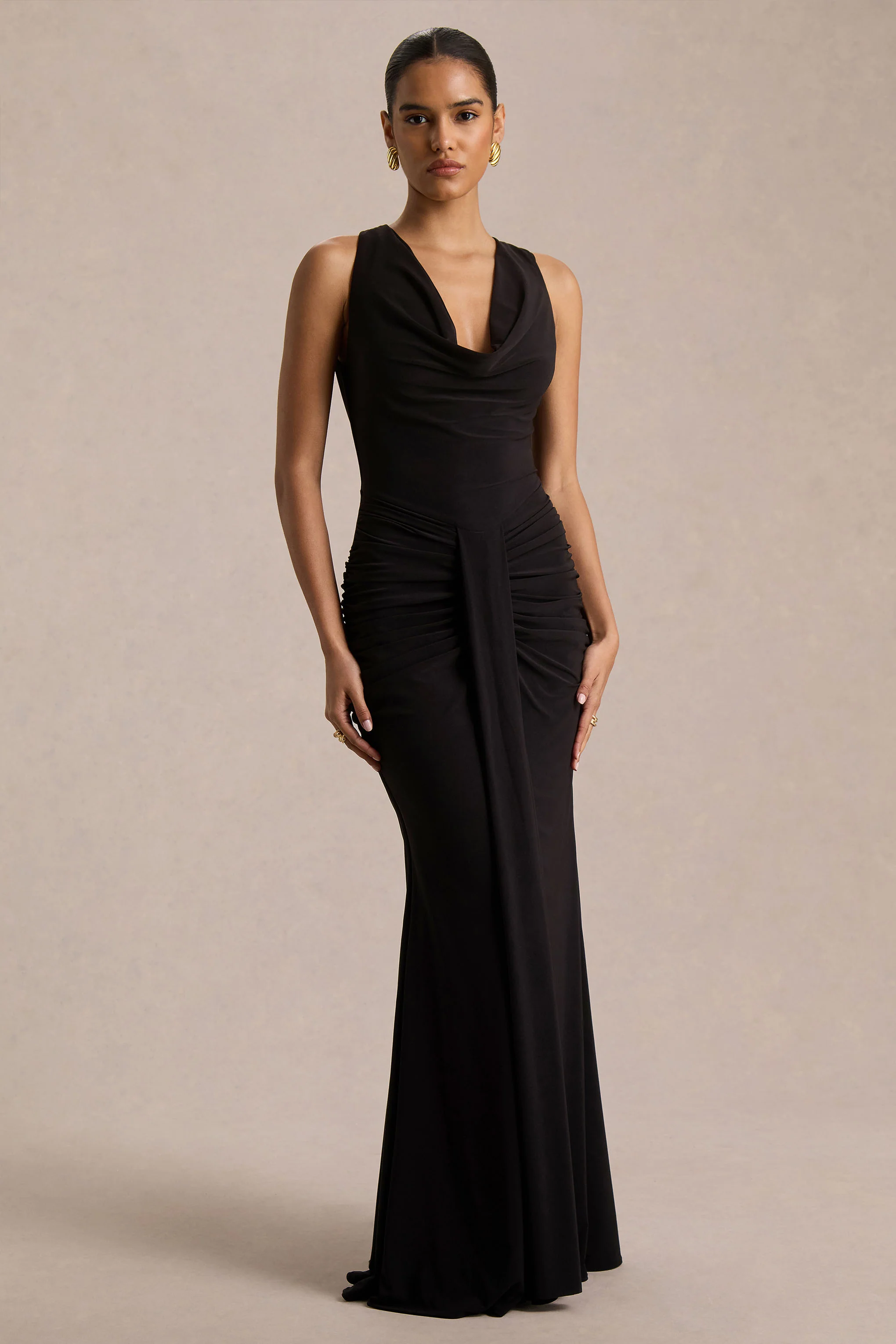 Mallie | Black Cowl-Neck Maxi Dress With Gathered-Detailing - Image 6