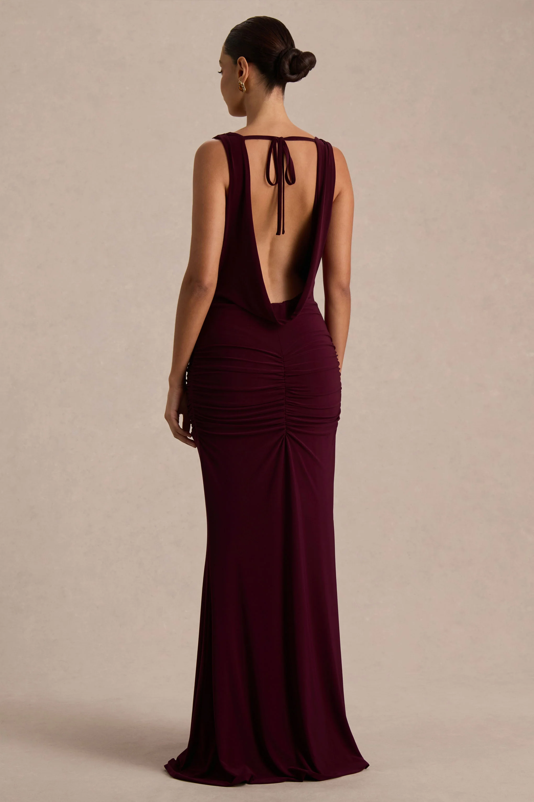 Mallie | Burgundy Cowl-Neck Maxi Dress With Open-Back And Gathered-Detailing - Image 2