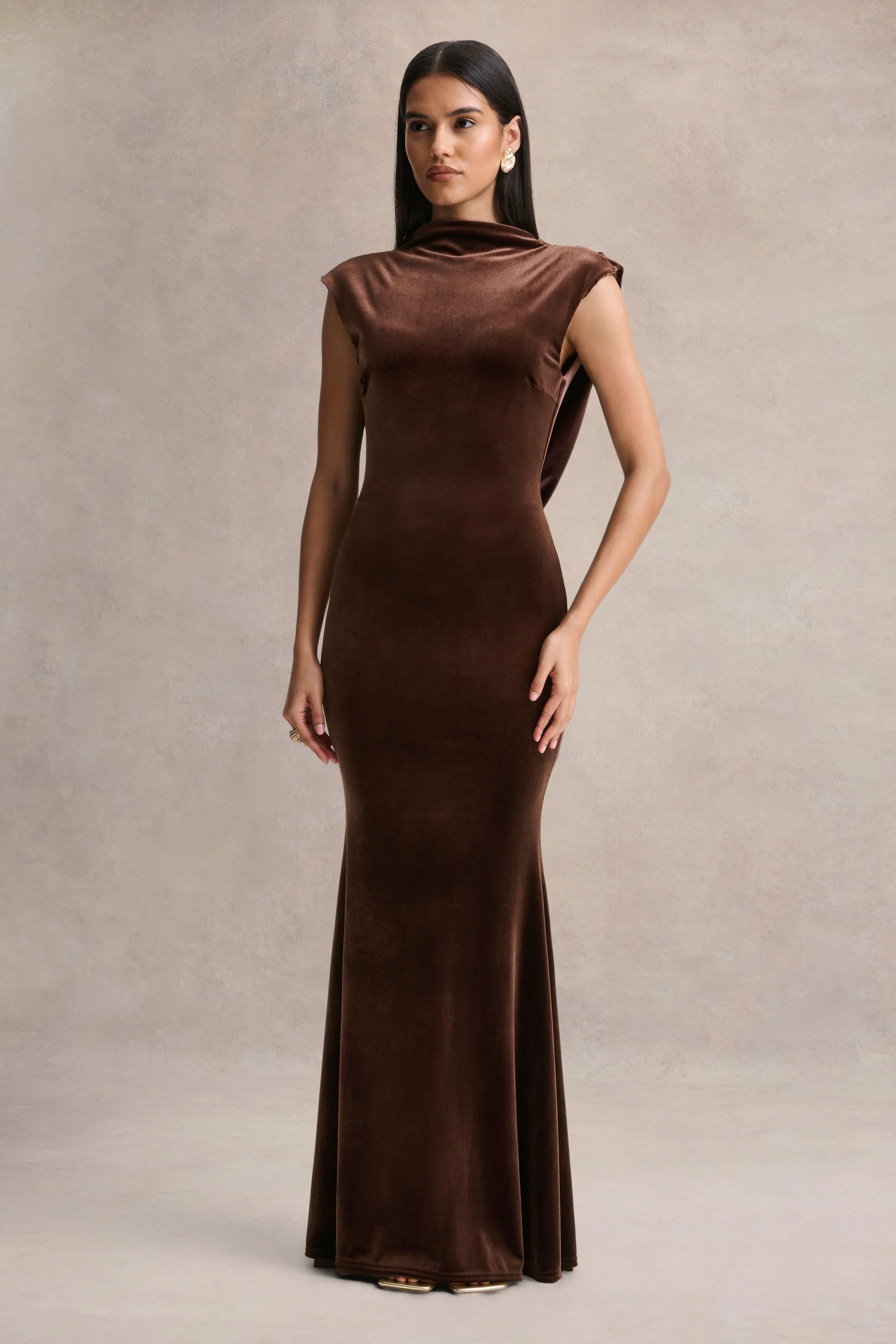Malora | Brown Velvet High-Neck Maxi Dress With Open-Back - Image 4