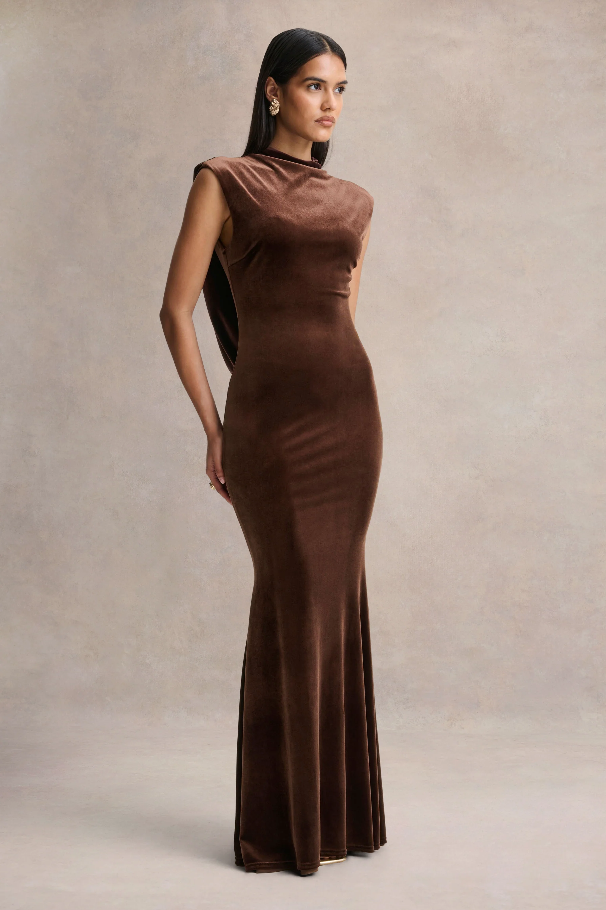 Malora | Brown Velvet High-Neck Maxi Dress With Open-Back - Image 5