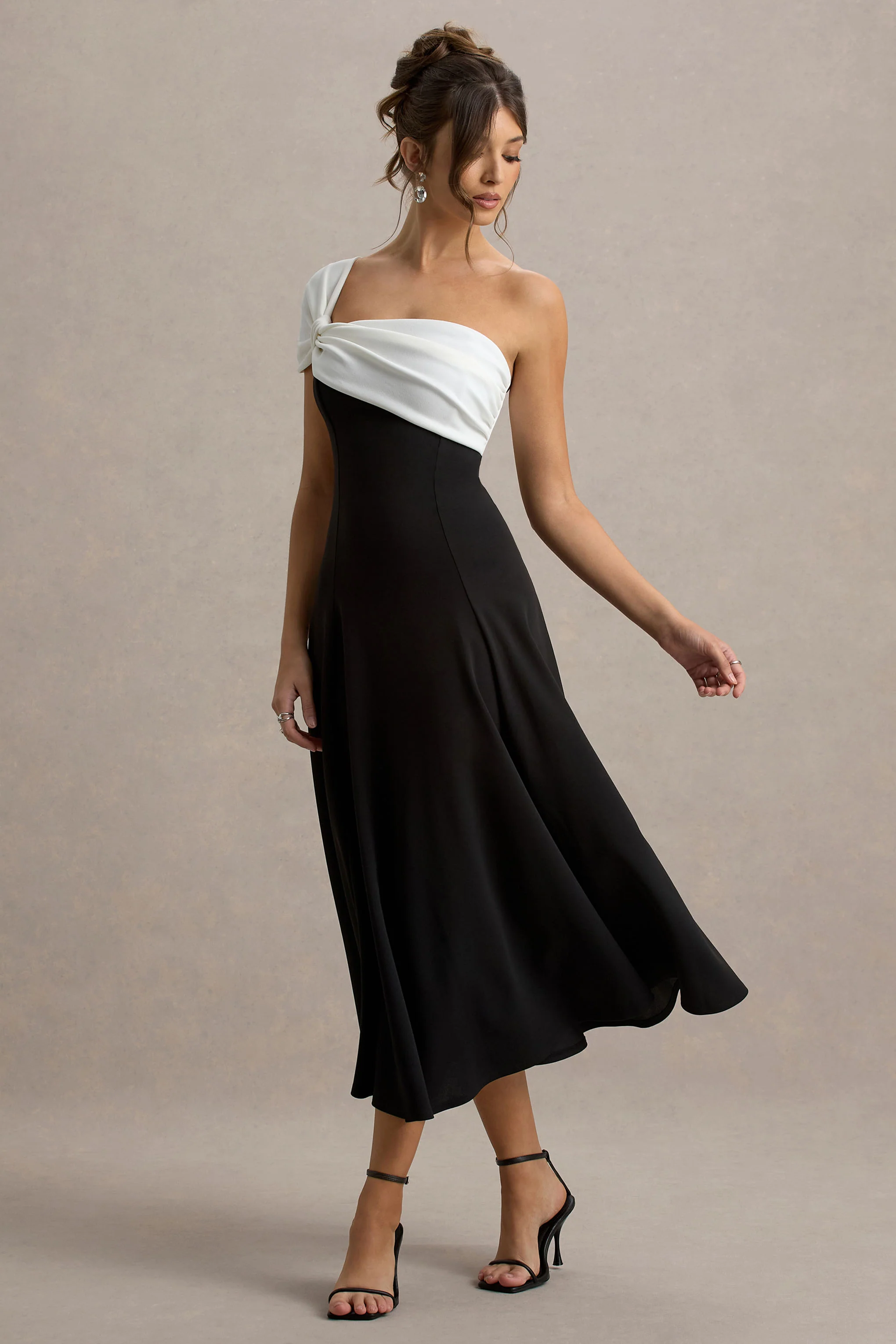 Malta | Black & White One-Shoulder Midi Dress - Image 4