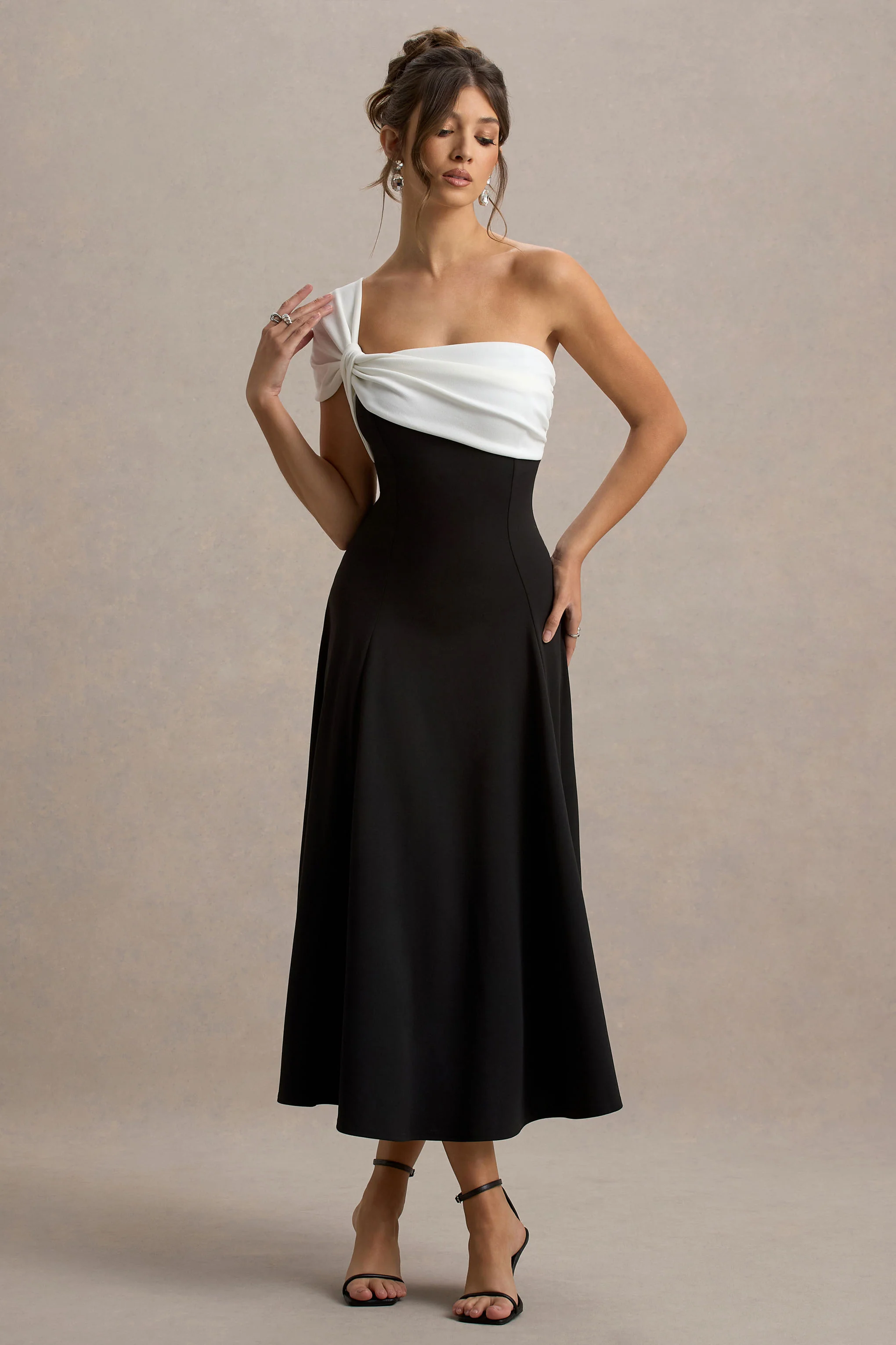 Malta | Black & White One-Shoulder Midi Dress - Image 5