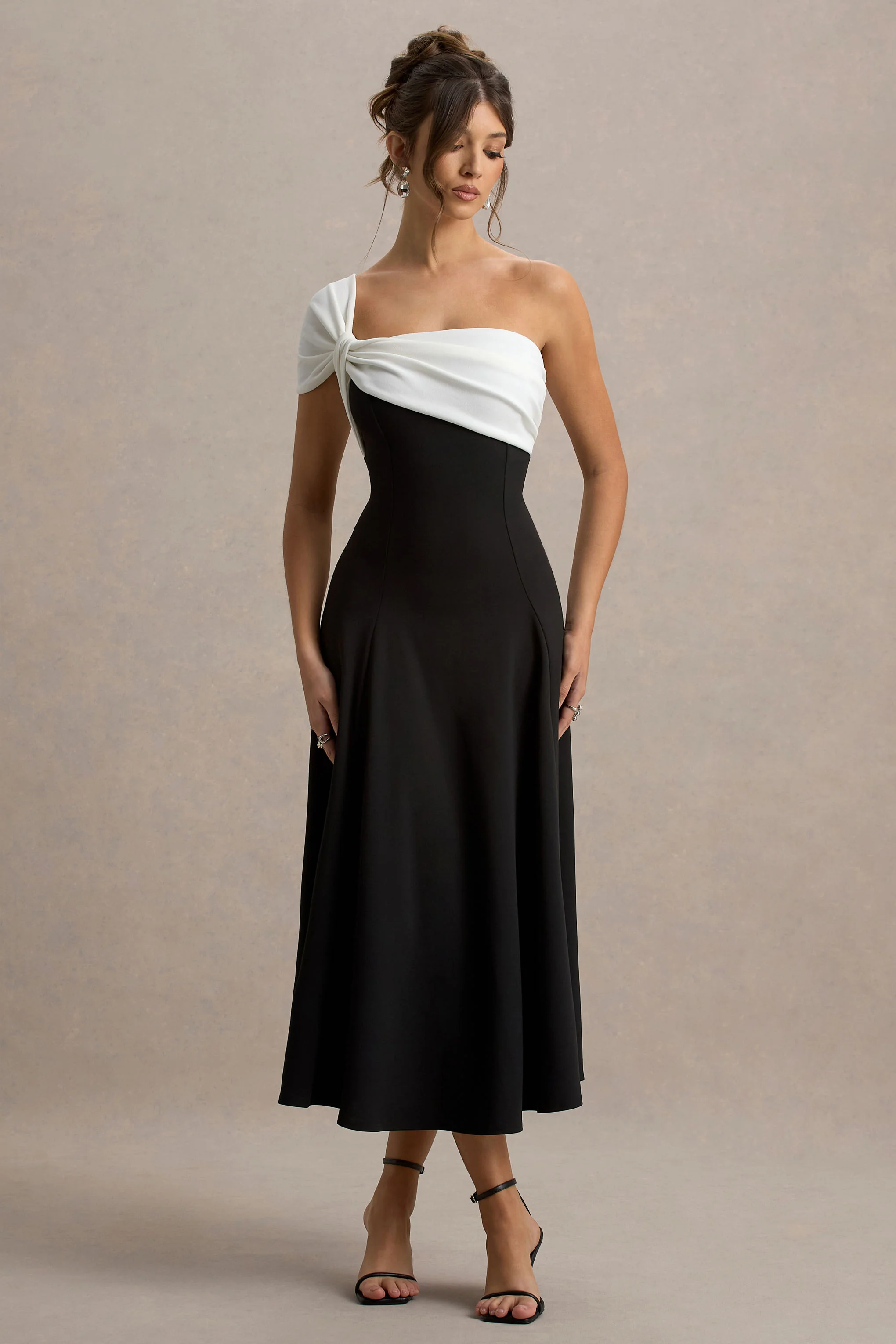 Malta | Black & White One-Shoulder Midi Dress - Image 6