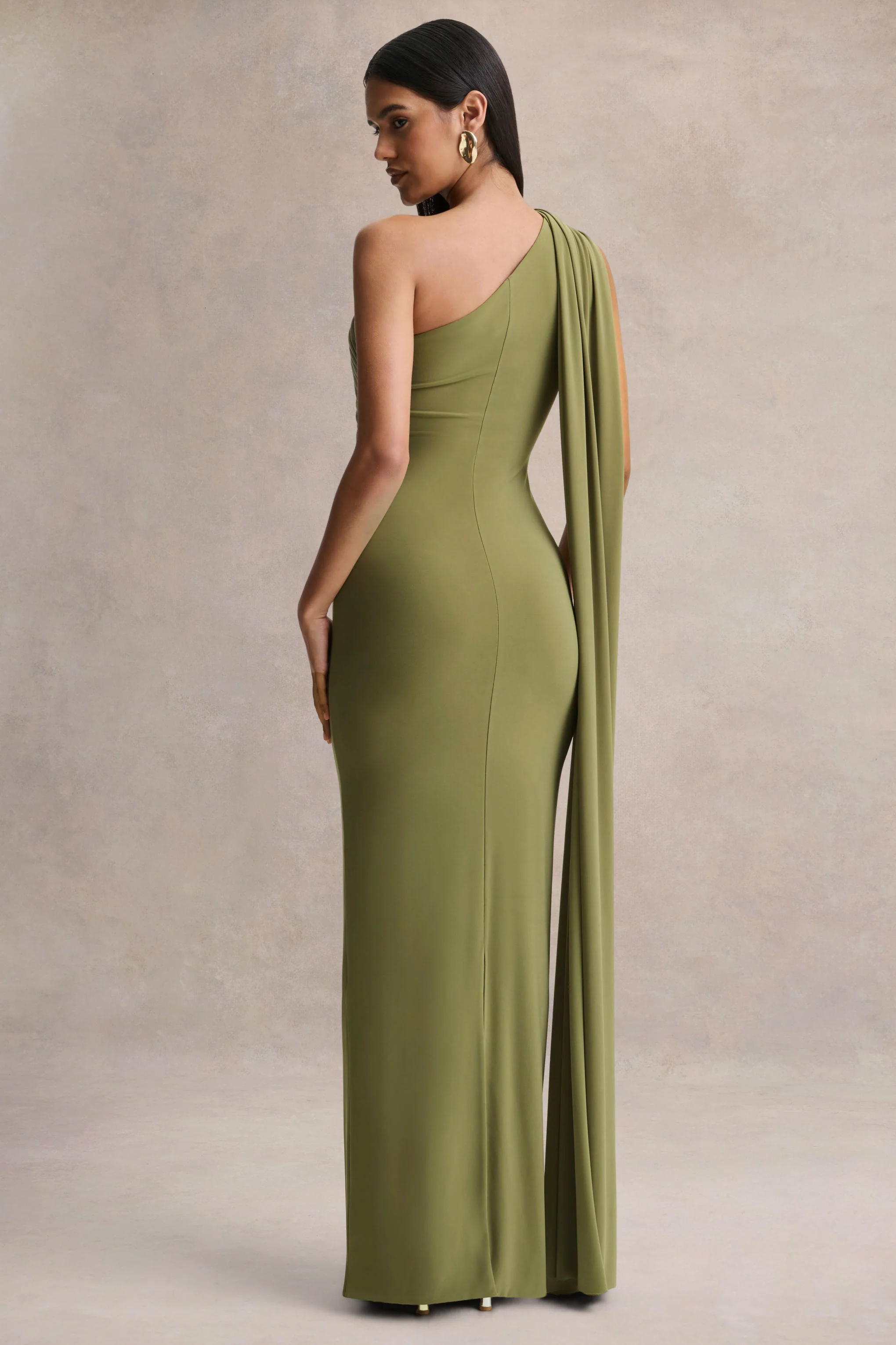 Mandy | Olive Asymmetric-Neck Maxi Dress With Gold-Detail - Image 2