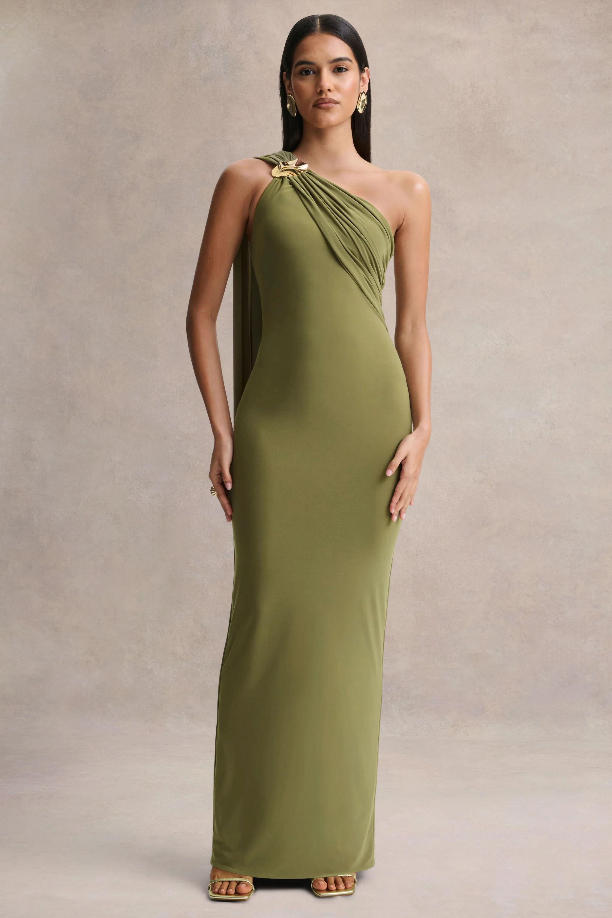 Mandy | Olive Asymmetric-Neck Maxi Dress With Gold-Detail - Image 4