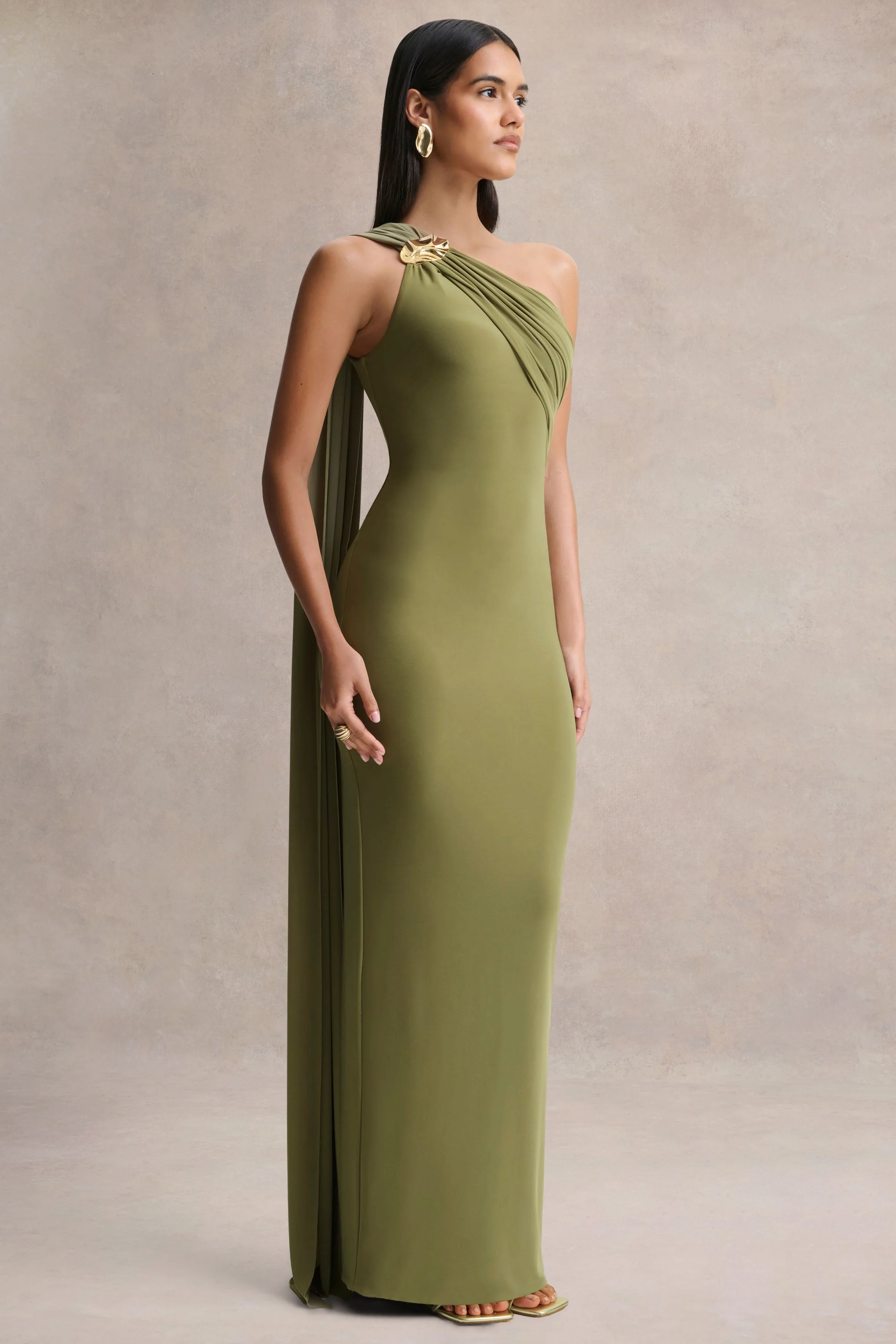 Mandy | Olive Asymmetric-Neck Maxi Dress With Gold-Detail - Image 5