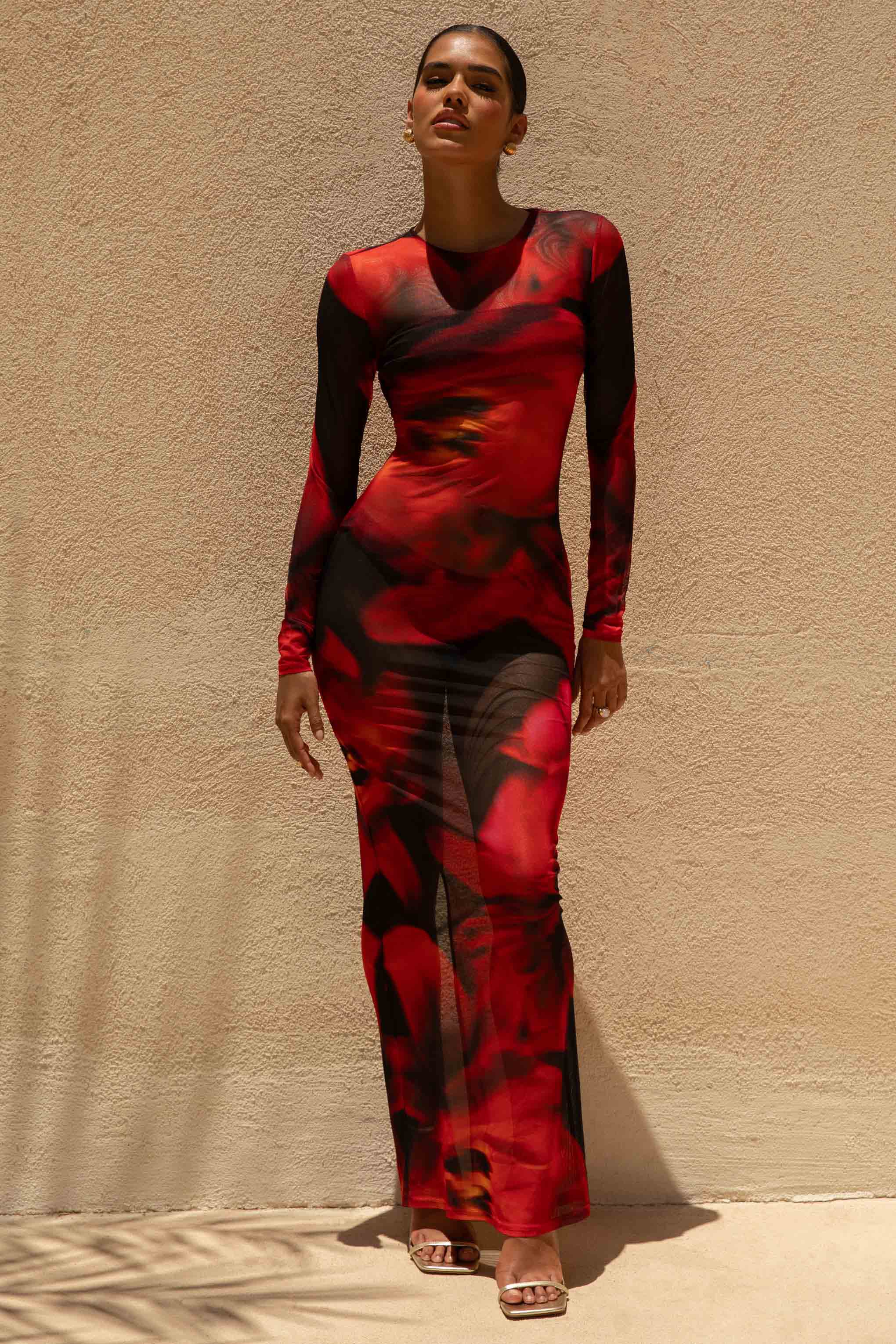 Marcy | Red And Black Floral Print High-Neck Maxi Dress - Image 2