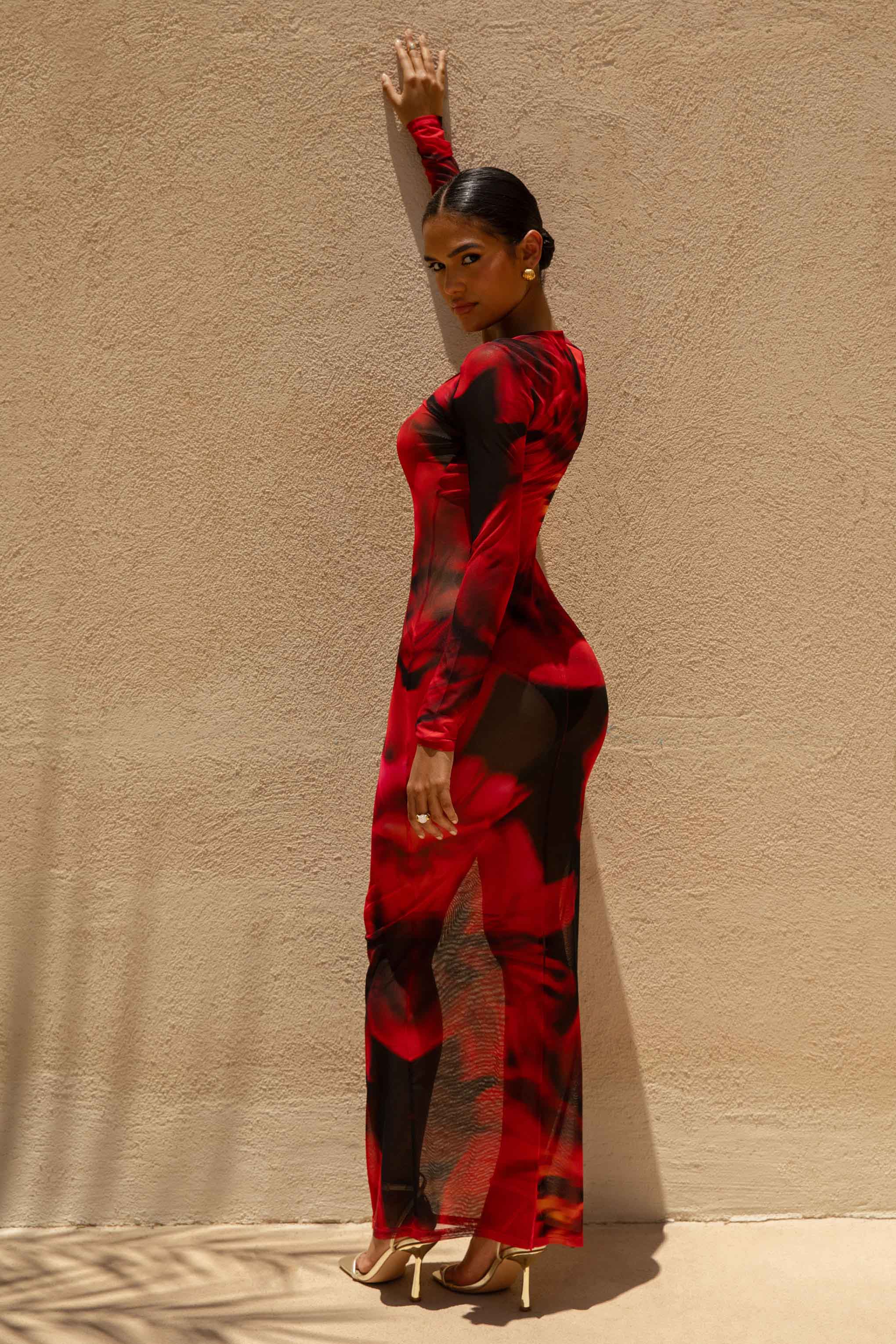 Marcy | Red And Black Floral Print High-Neck Maxi Dress - Image 3