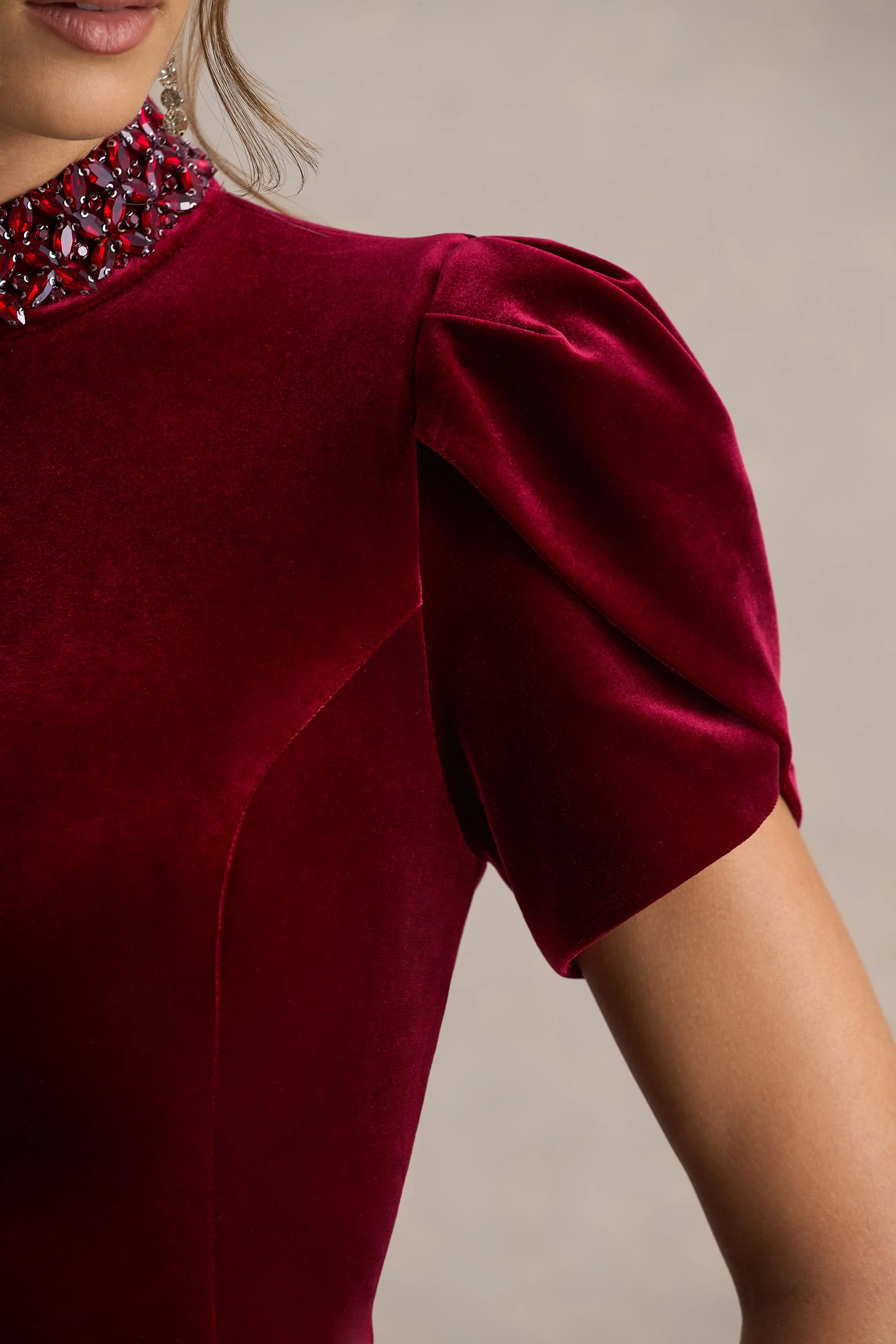 Margot | Burgundy High-Neck Velvet Mini Dress With Embellished Detail - Image 5