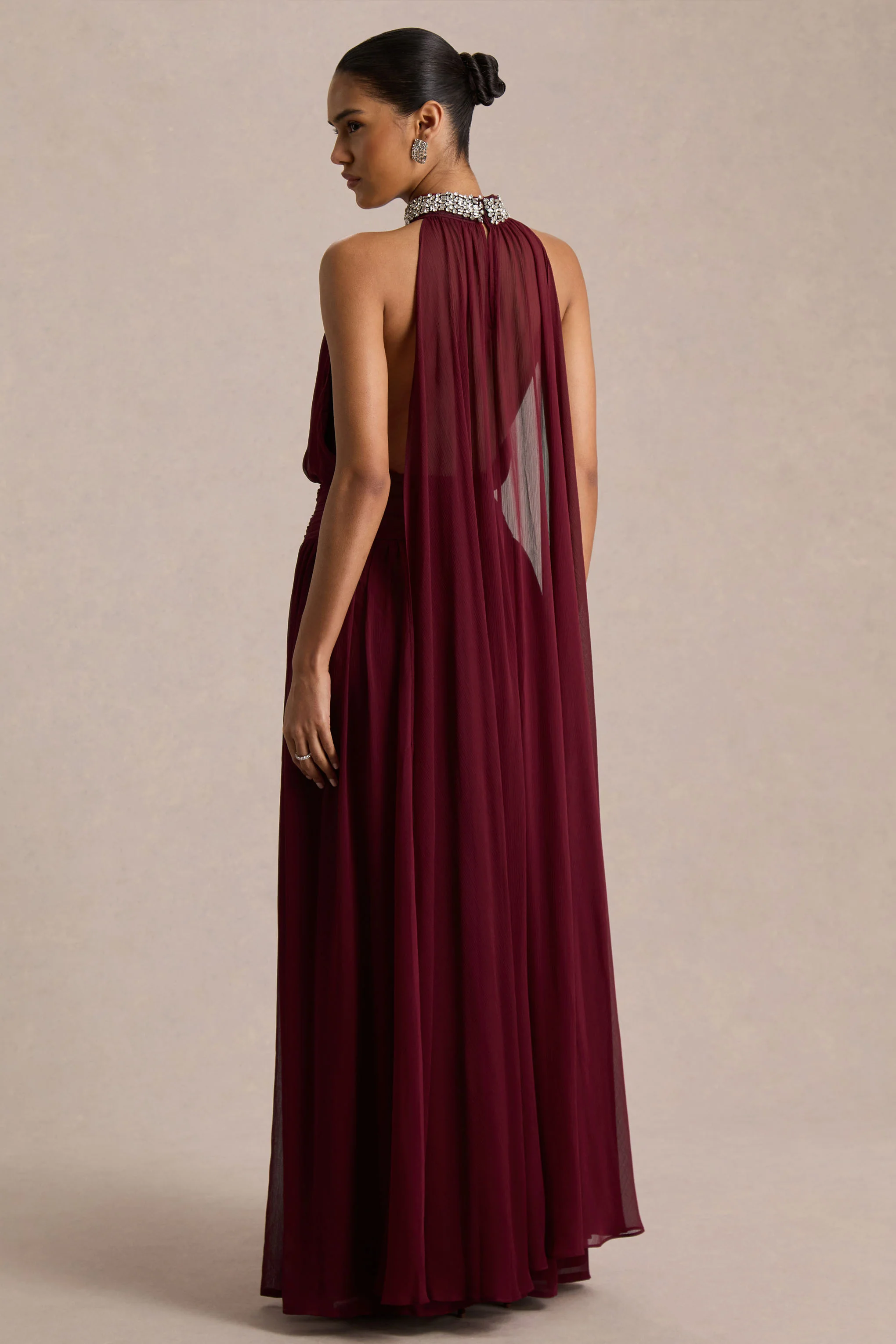 Marie | Burgundy Halter-Neck Maxi Dress With Embellished Detailing - Image 2