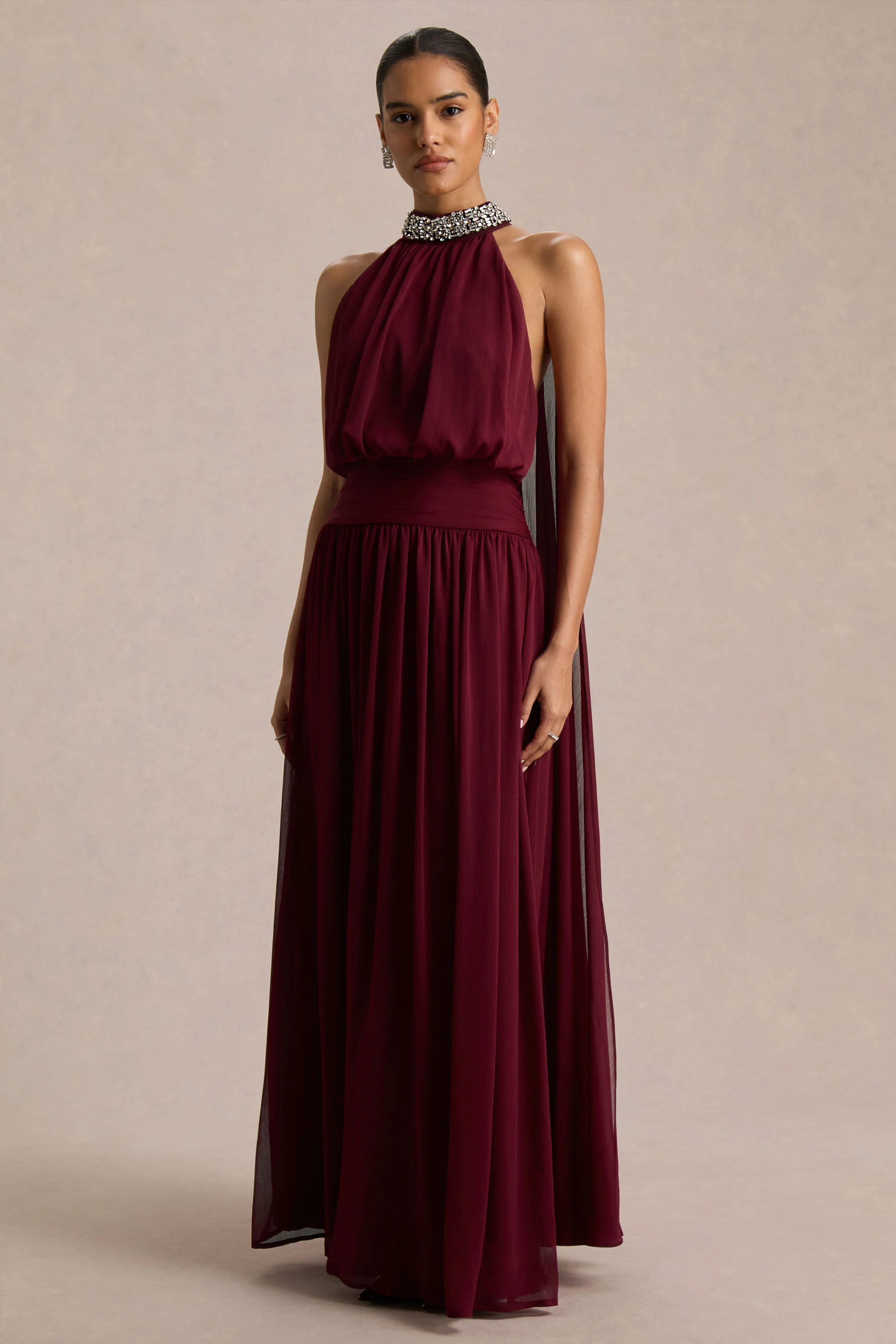 Marie | Burgundy Halter-Neck Maxi Dress With Embellished Detailing - Image 3