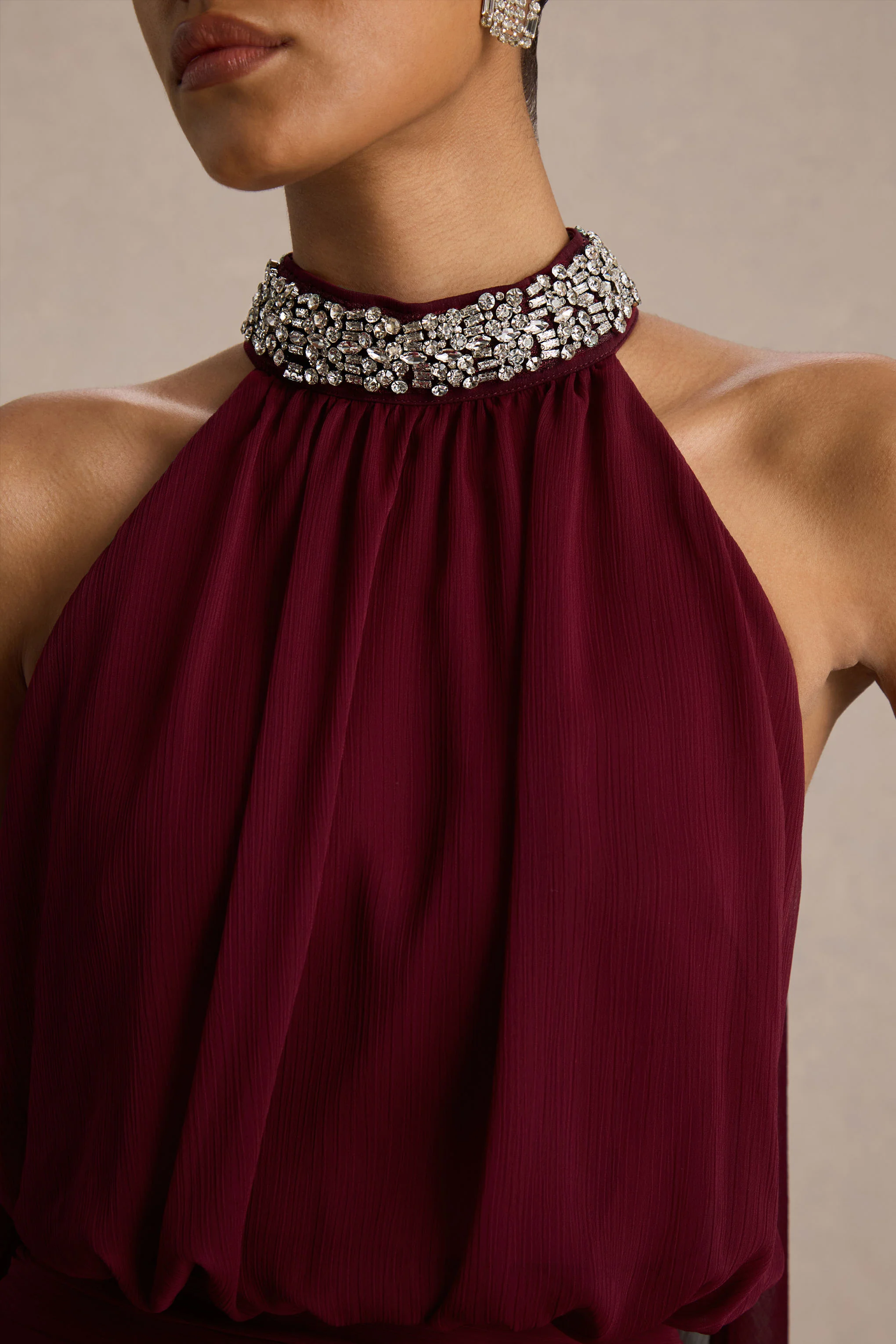 Marie | Burgundy Halter-Neck Maxi Dress With Embellished Detailing - Image 5