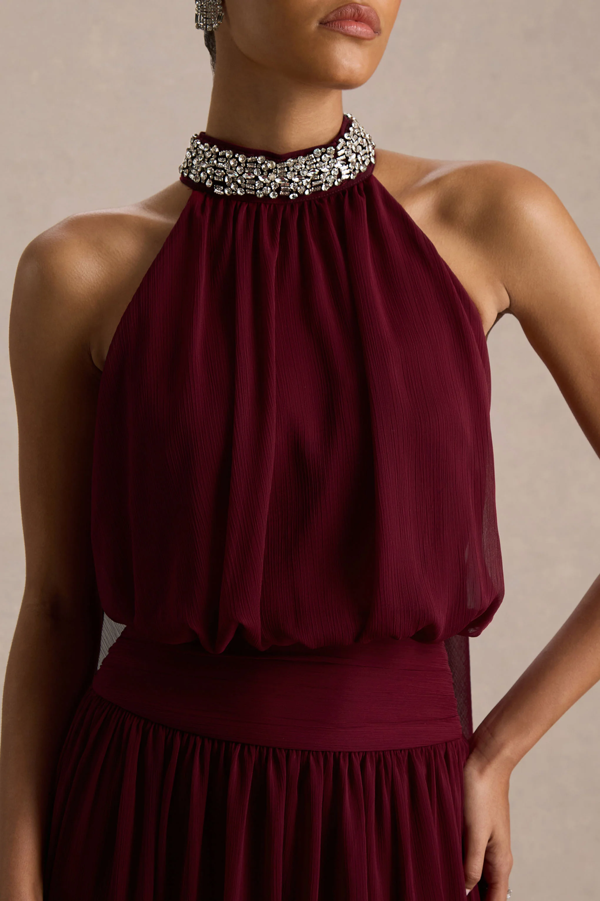 Marie | Burgundy Halter-Neck Maxi Dress With Embellished Detailing - Image 6