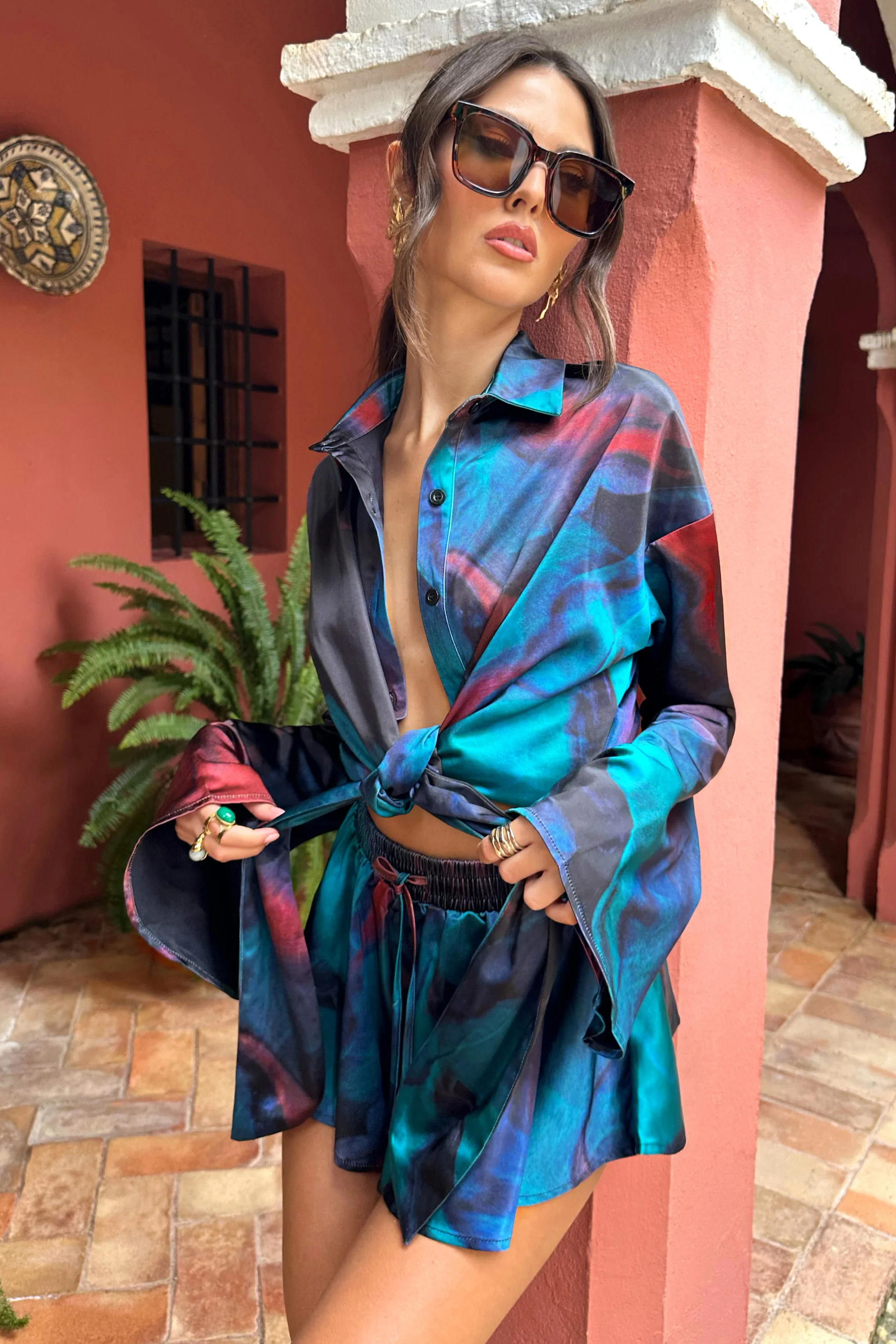 Marisela | Blue Print Satin Flared Sleeve Cropped  Shirt - Image 2