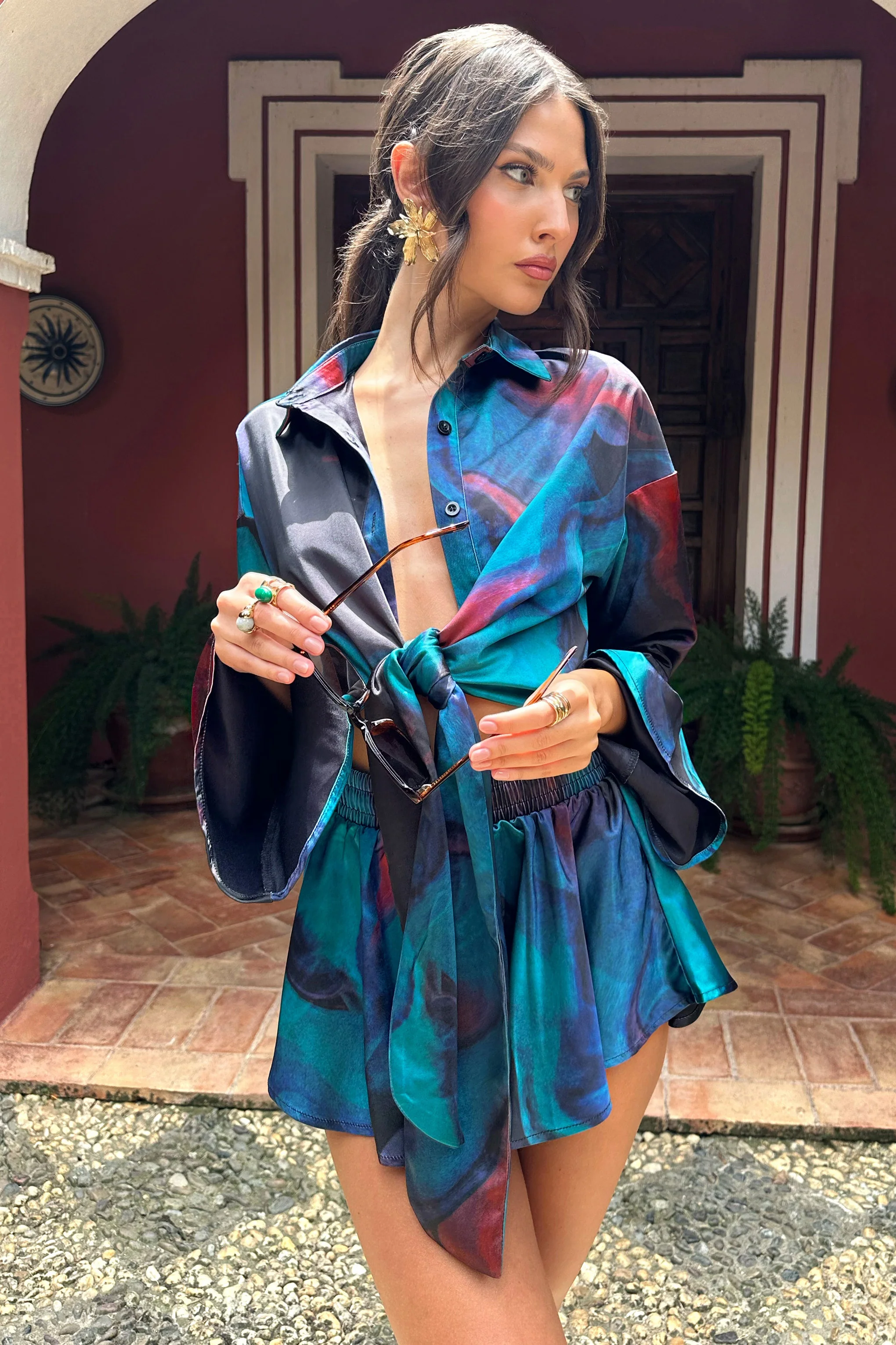 Marisela | Blue Print Satin Flared Sleeve Cropped  Shirt - Image 3