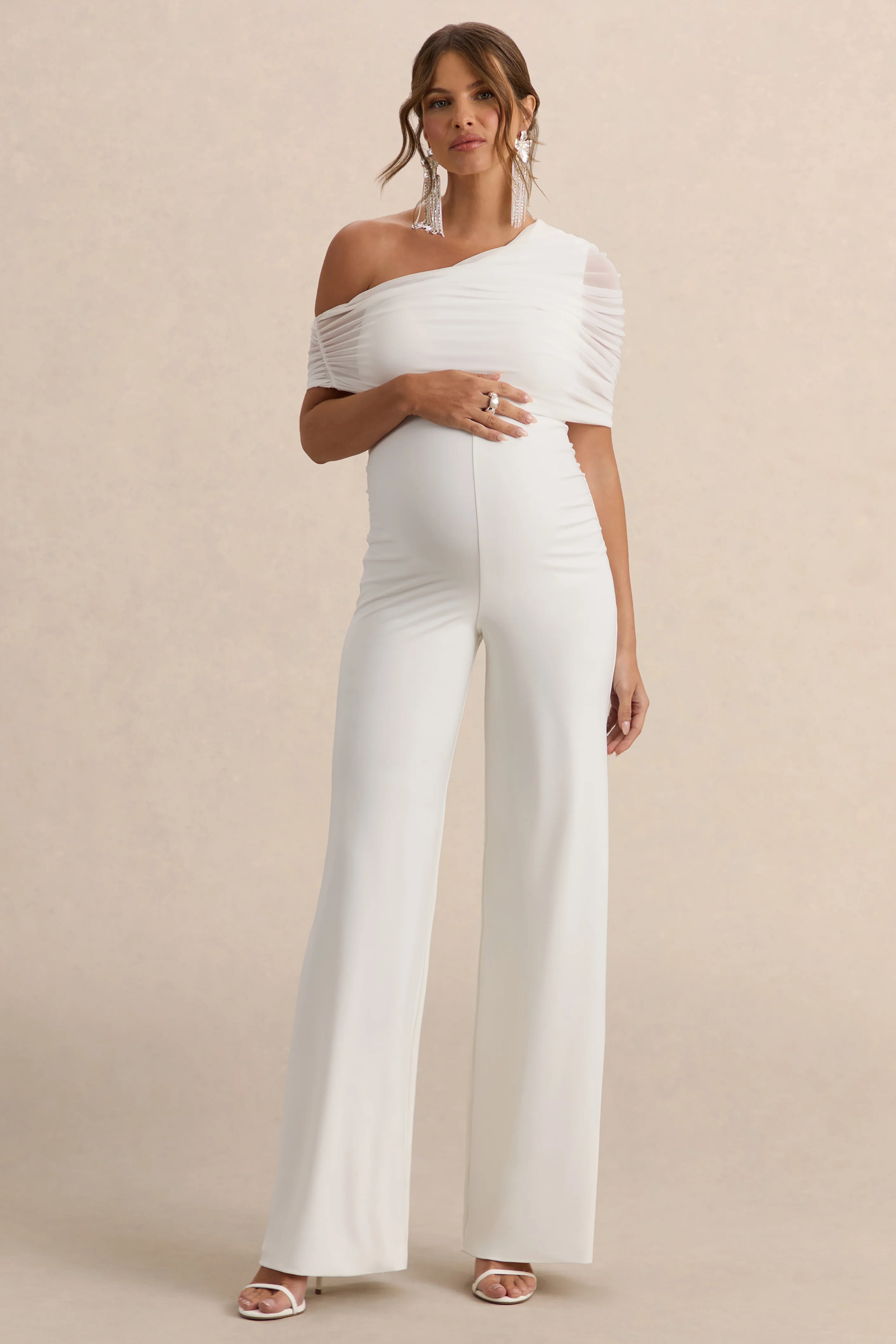 Mariska | White Asymmetric-Neck Maternity Jumpsuit - Image 5