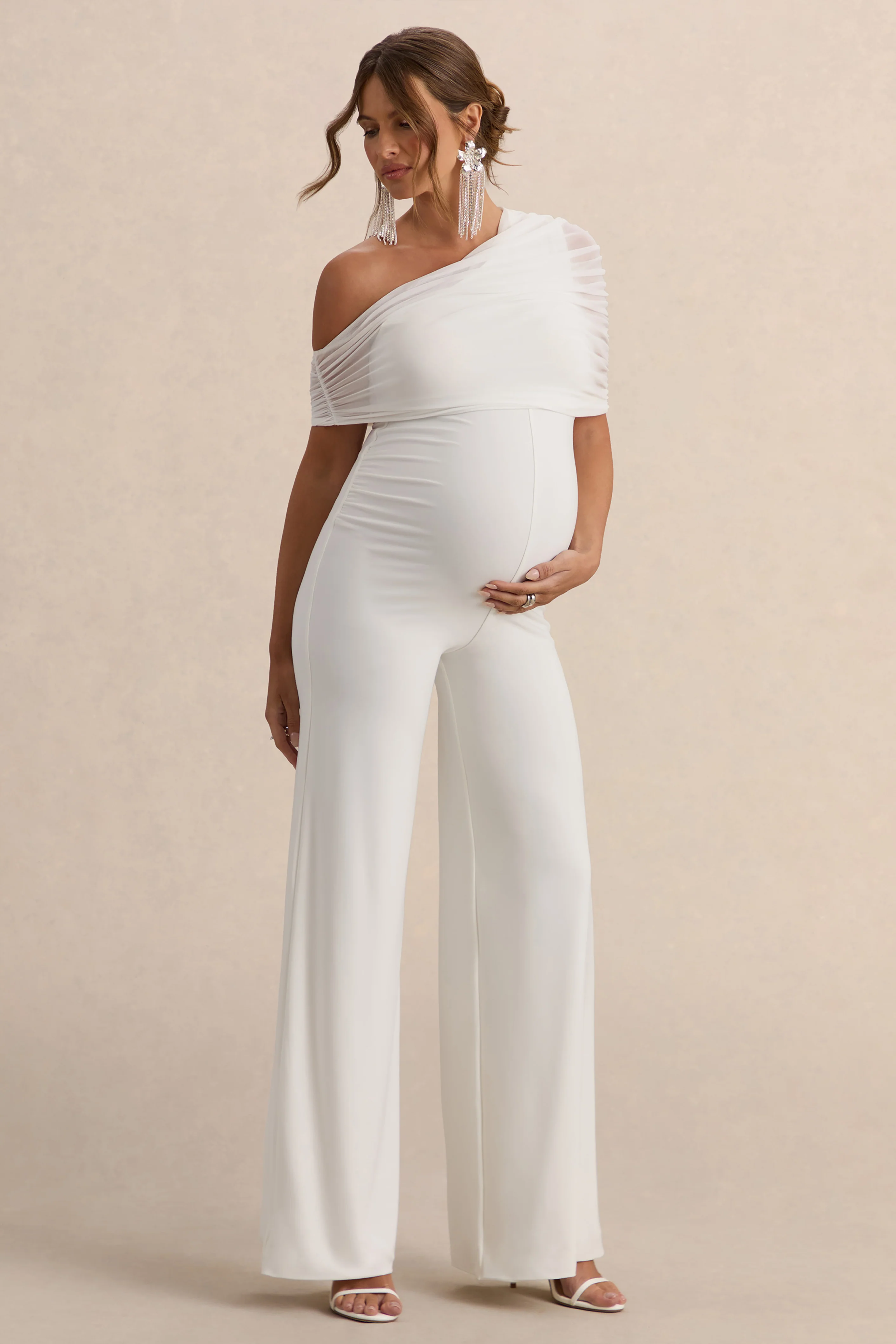 Mariska | White Asymmetric-Neck Maternity Jumpsuit - Image 6