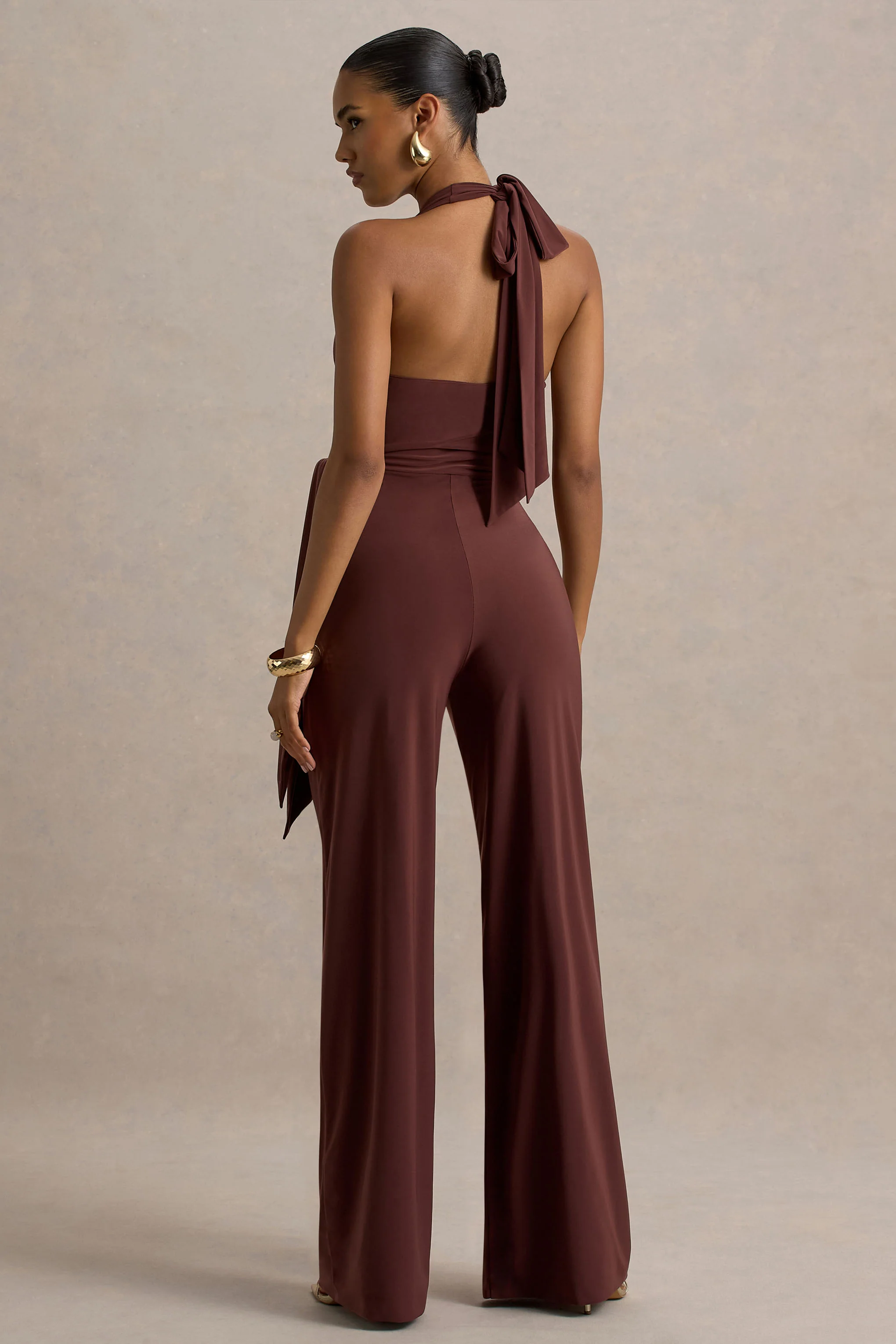 Marlais | Chocolate Plunge-Neck Jumpsuit With Tie-Waist - Image 2