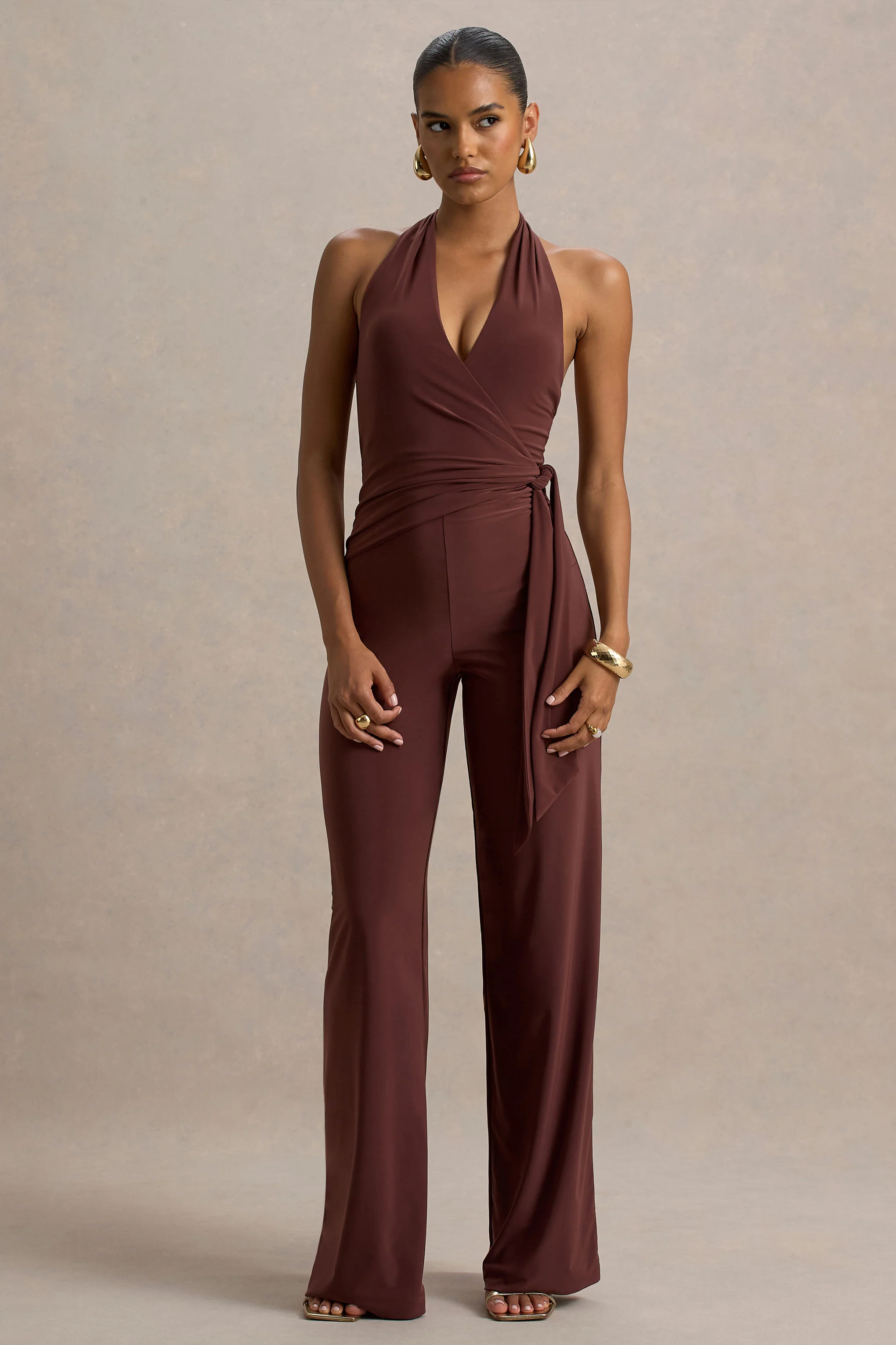Marlais | Chocolate Plunge-Neck Jumpsuit With Tie-Waist - Image 5
