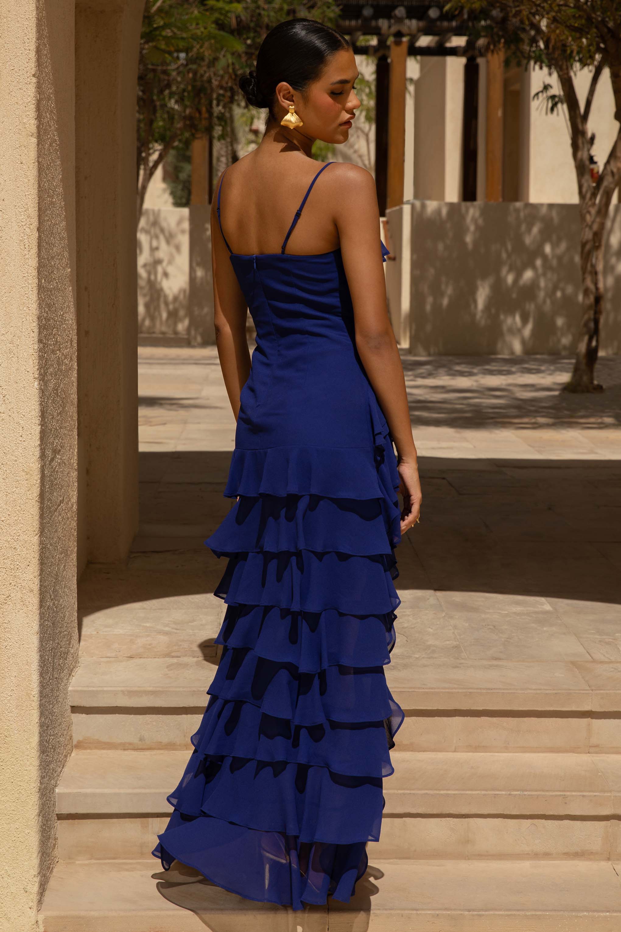 Marlee | Blue Chiffon Plunge-Neck High-Low Maxi Dress - Image 2