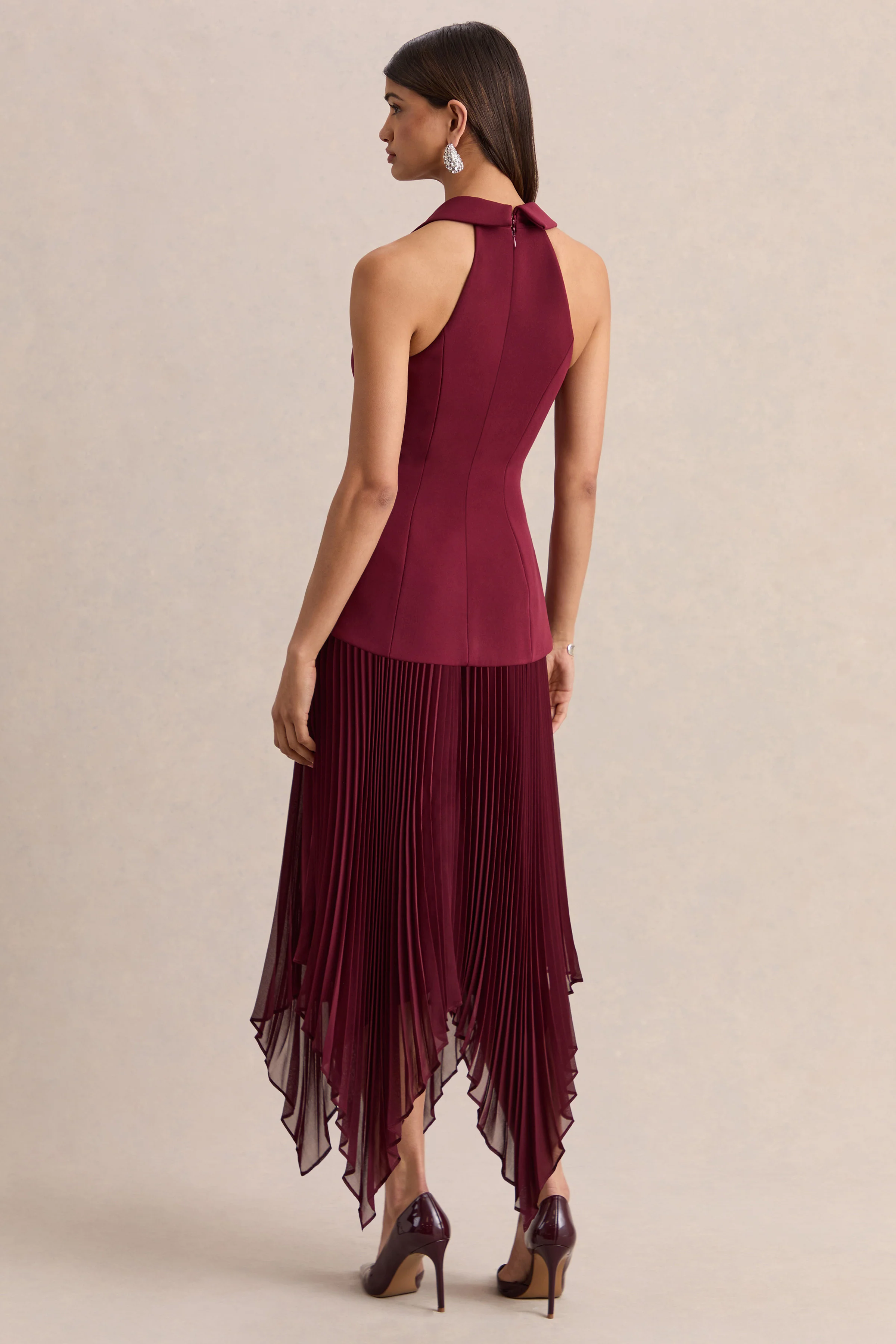 Marvelle | Burgundy Plunge-Neck Maxi Dress With Hanky Hem - Image 2