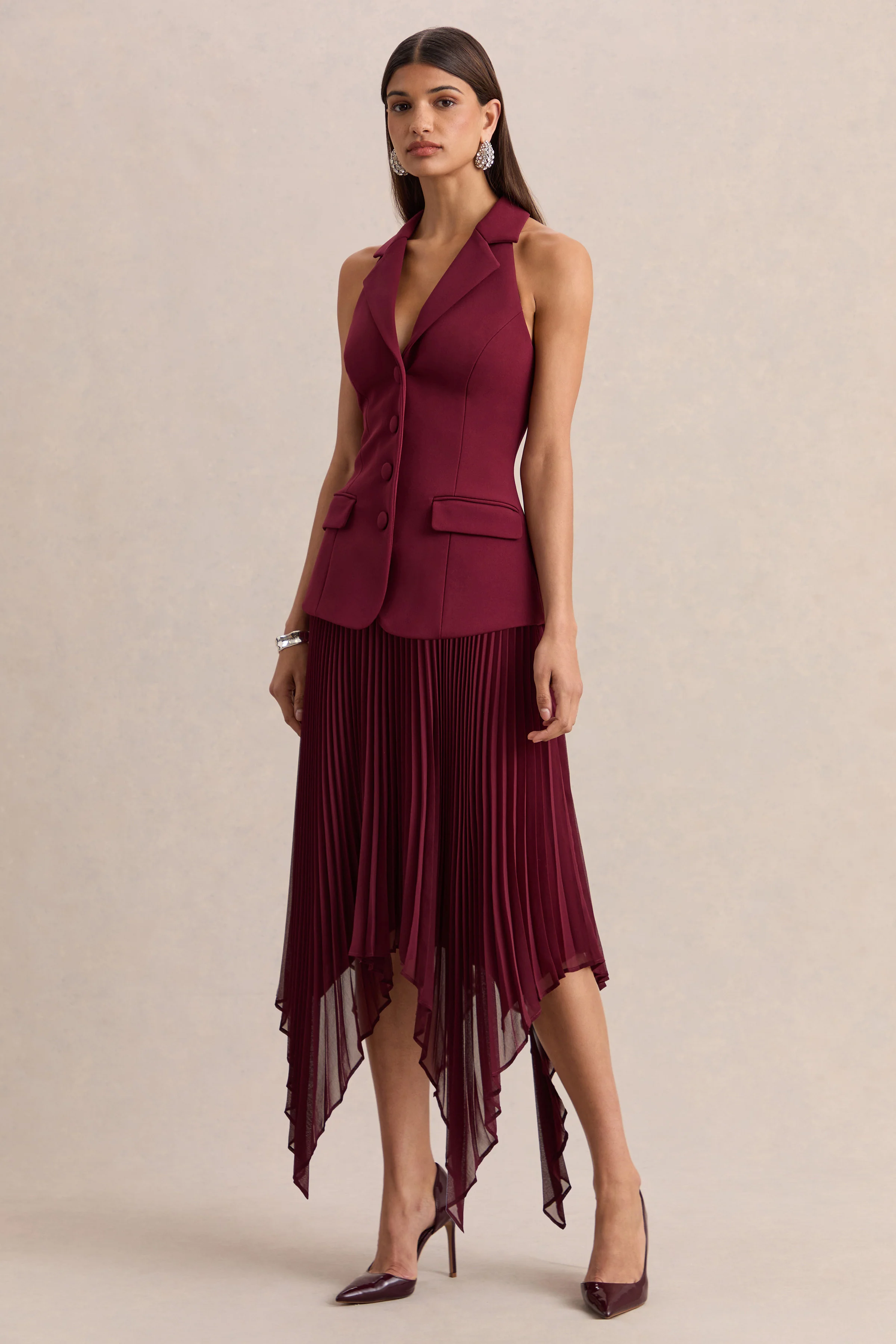 Marvelle | Burgundy Plunge-Neck Maxi Dress With Hanky Hem - Image 5