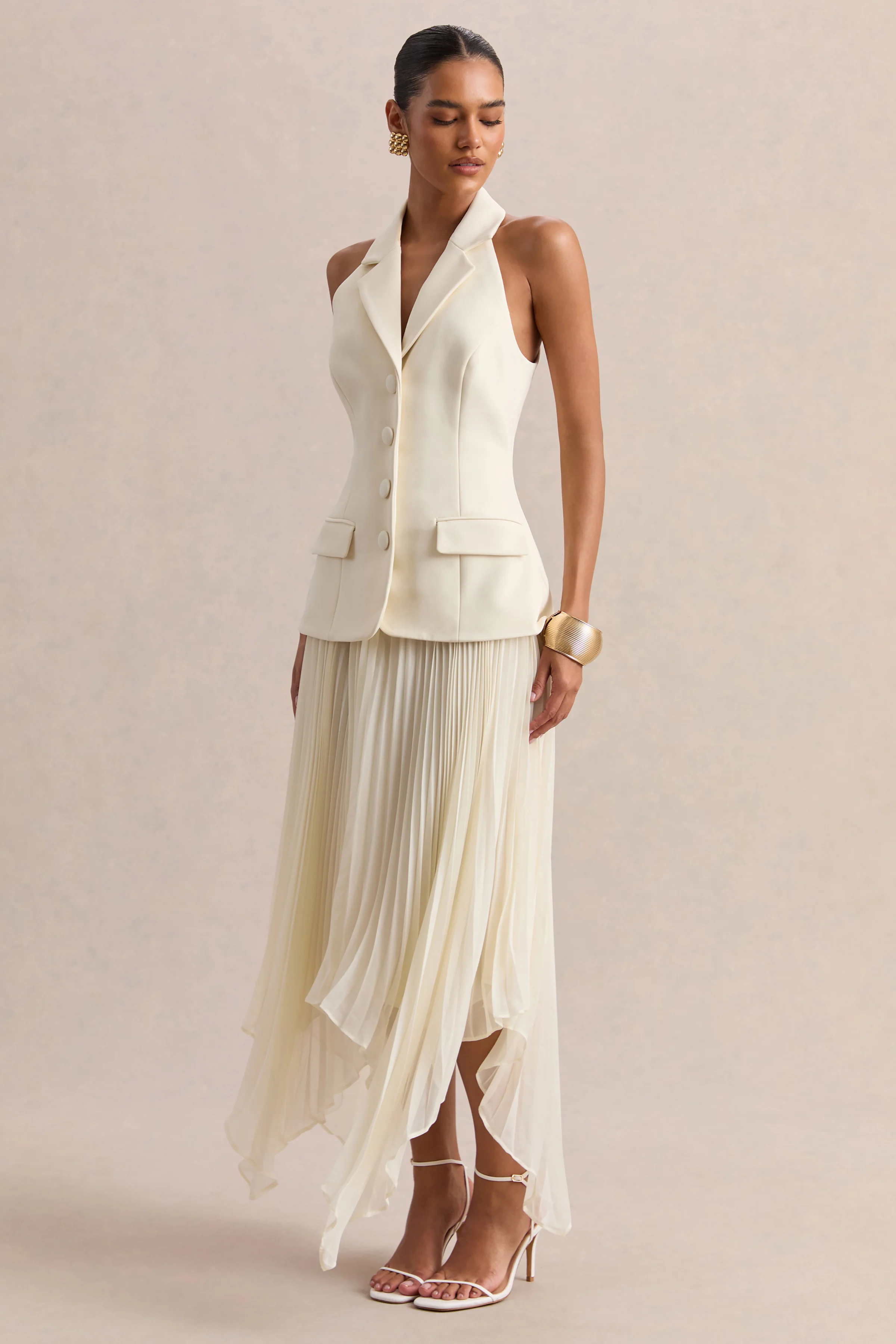 Marvelle | Cream Plunge-Neck Maxi Dress With Hanky Hem - Image 4