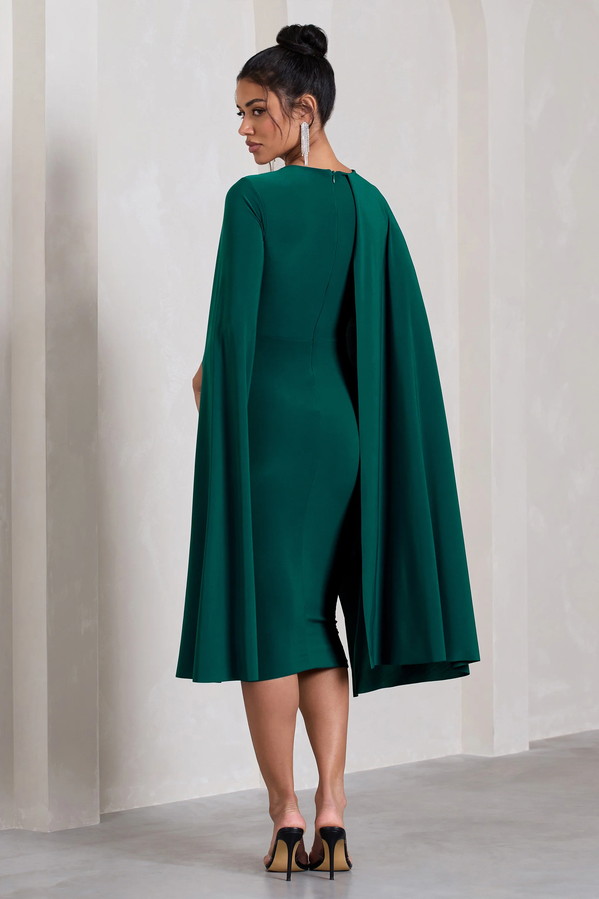 Marysol | Bottle Green Asymmetric Cape Midi Dress - Image 3