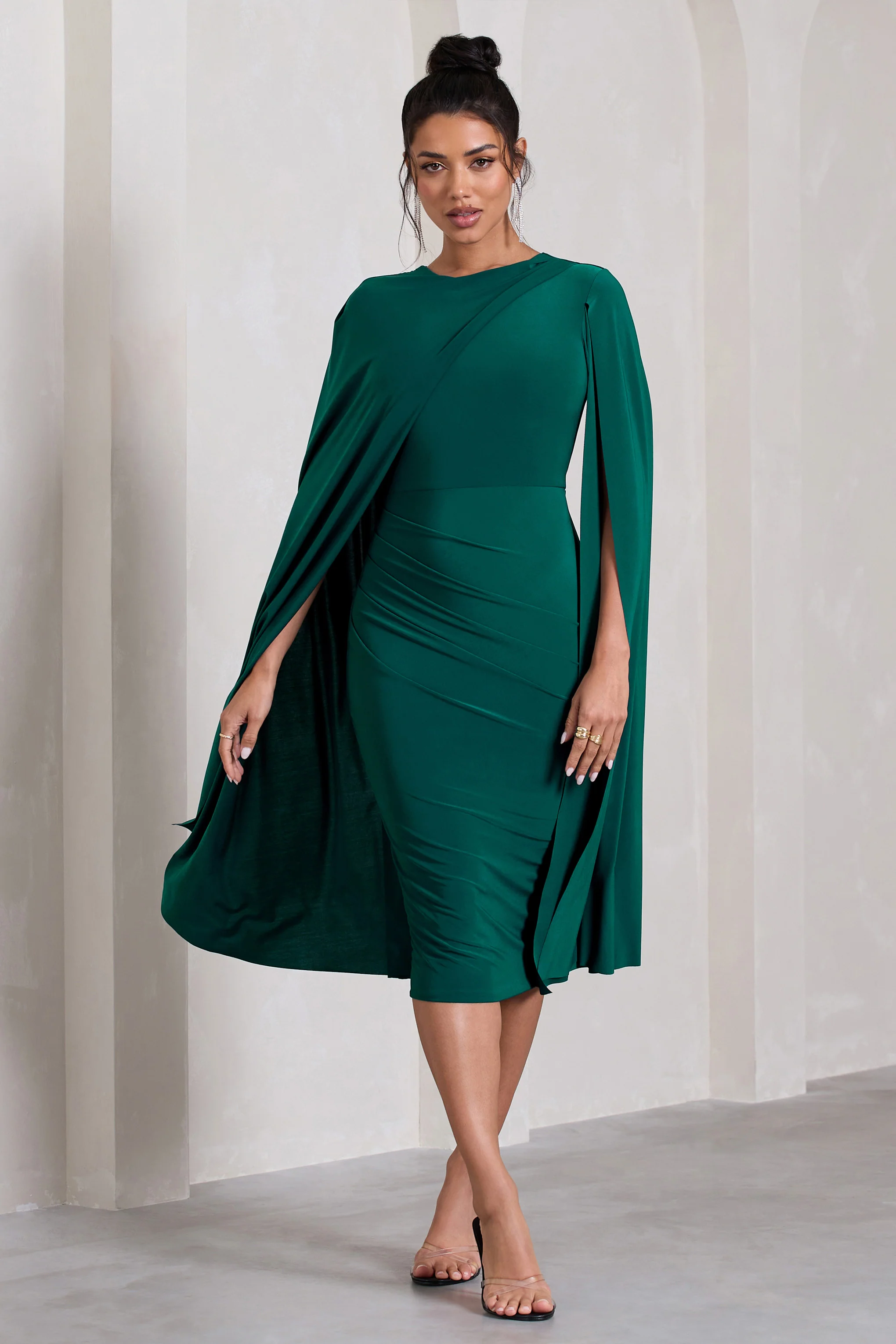 Marysol | Bottle Green Asymmetric Cape Midi Dress - Image 4