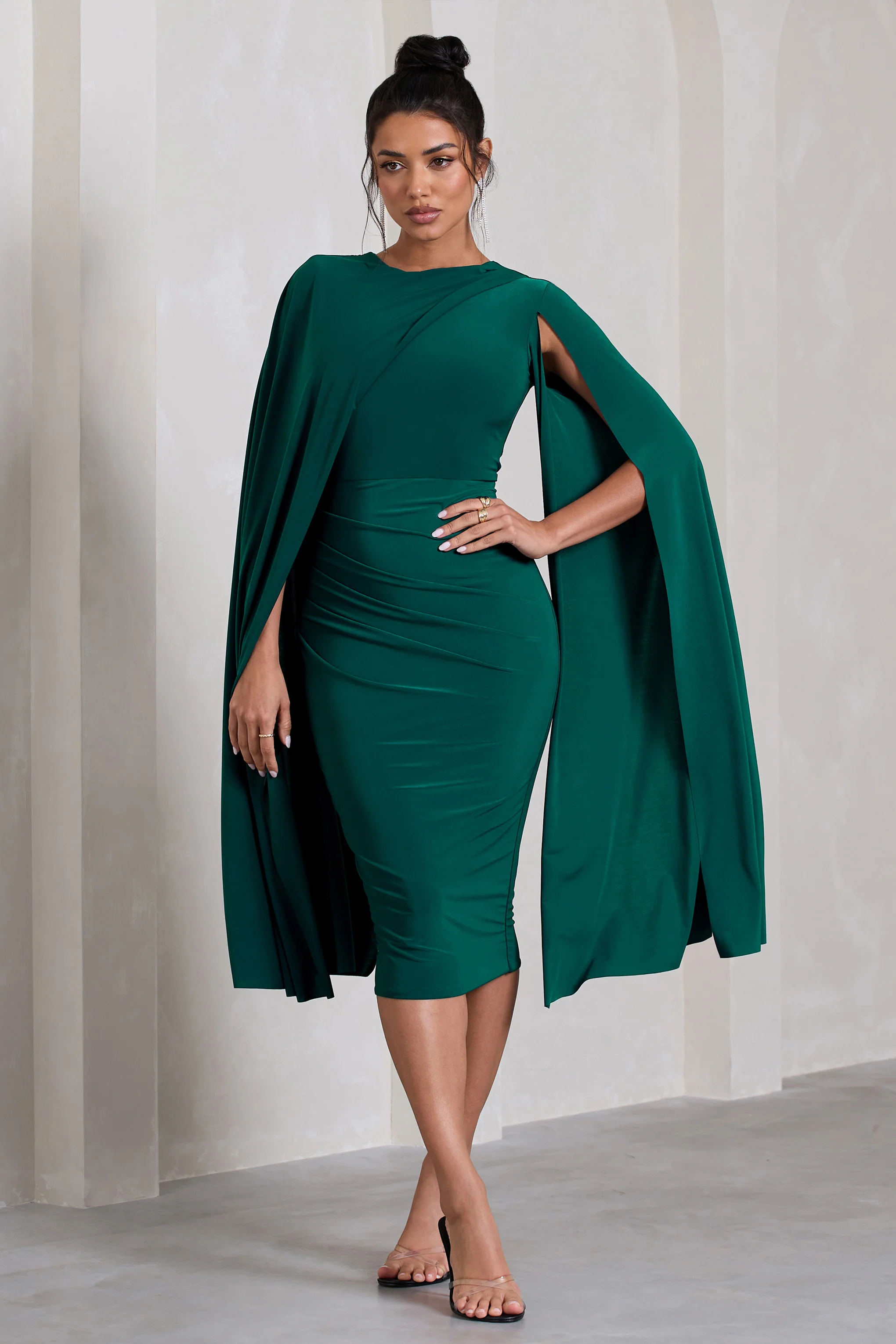 Marysol | Bottle Green Asymmetric Cape Midi Dress - Image 5