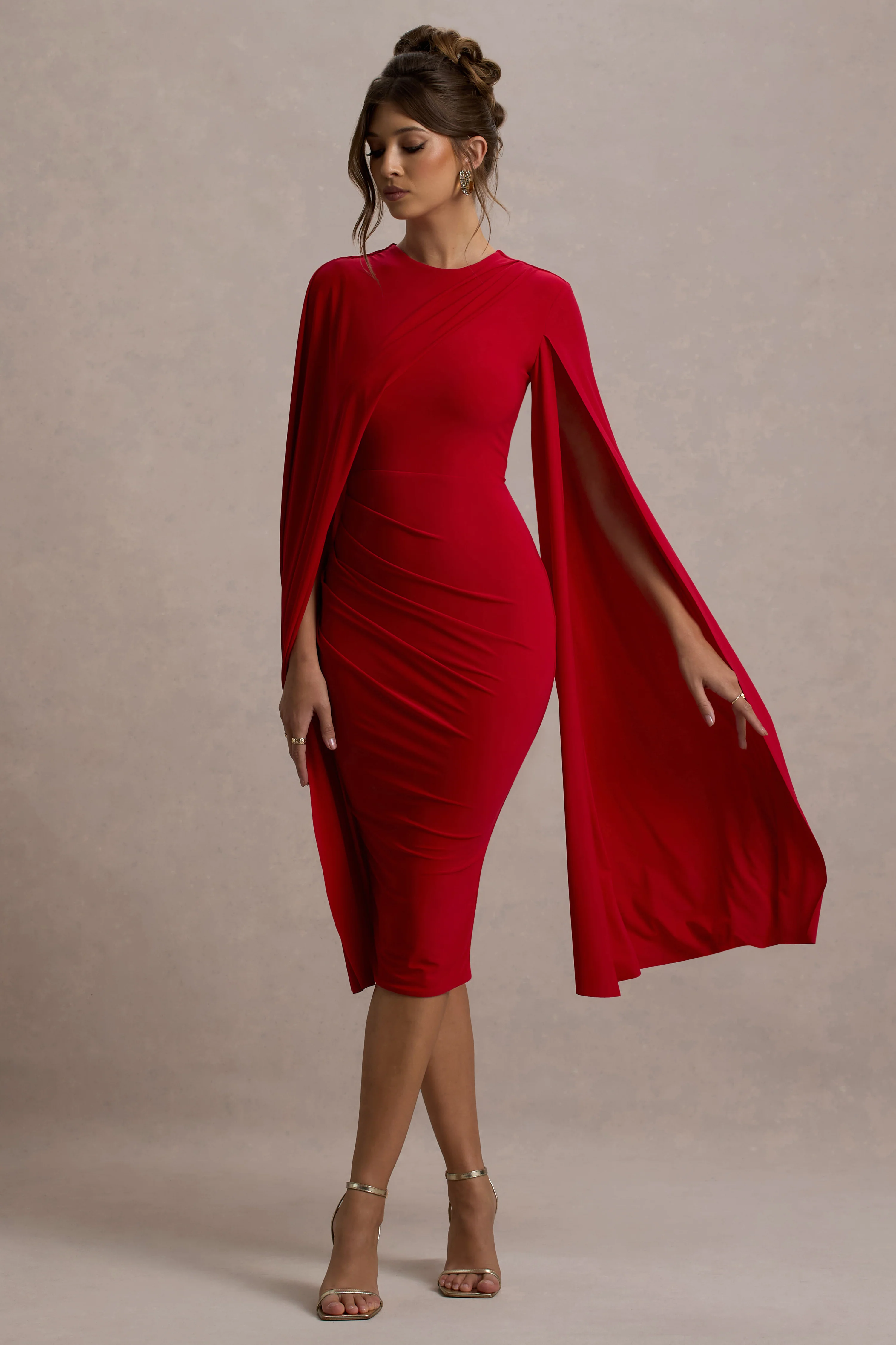 Marysol | Red Asymmetric Cape Midi Dress - Image 3